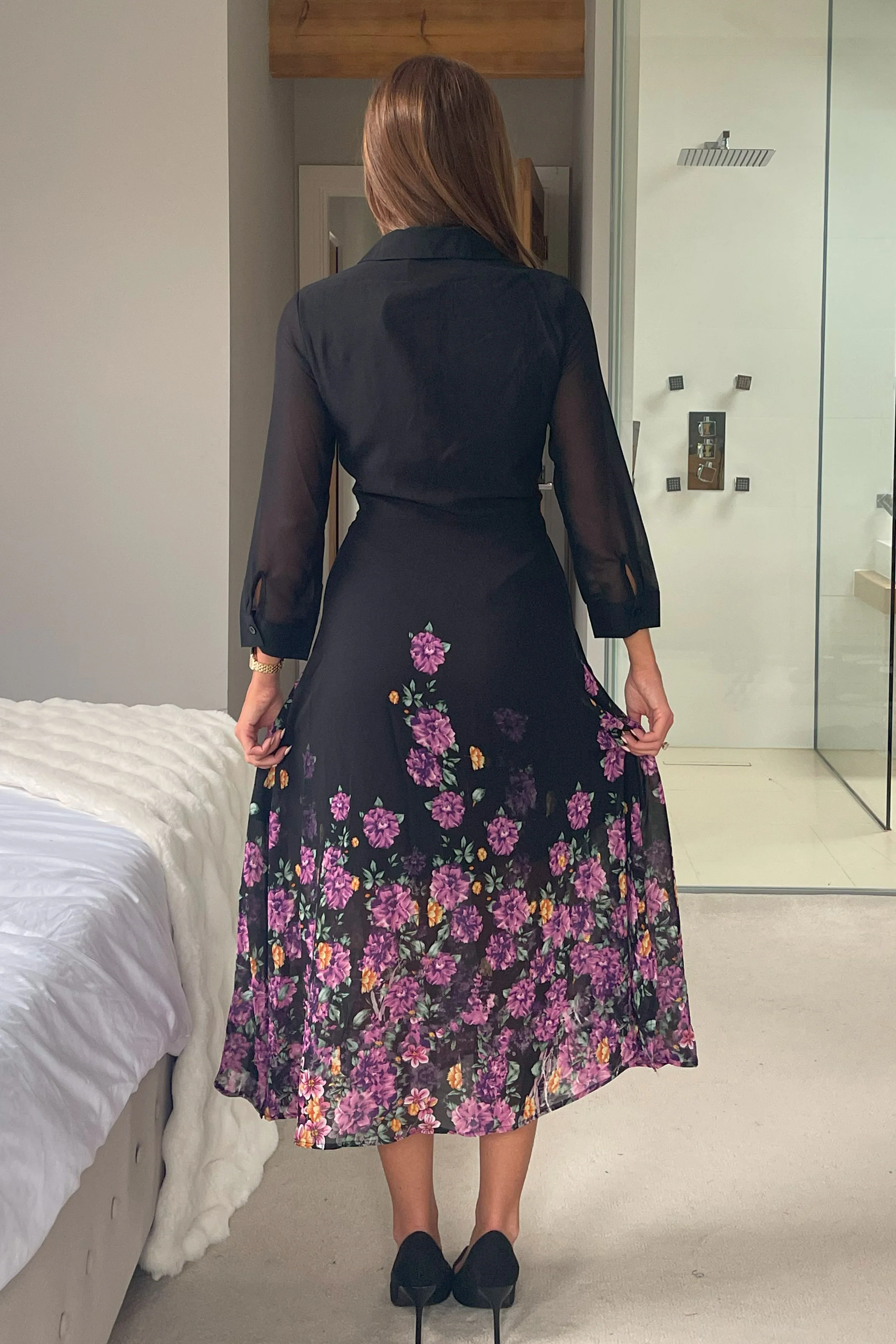 Isabella Purple Floral Boarder Tie Front Shirt Dress - Image 5