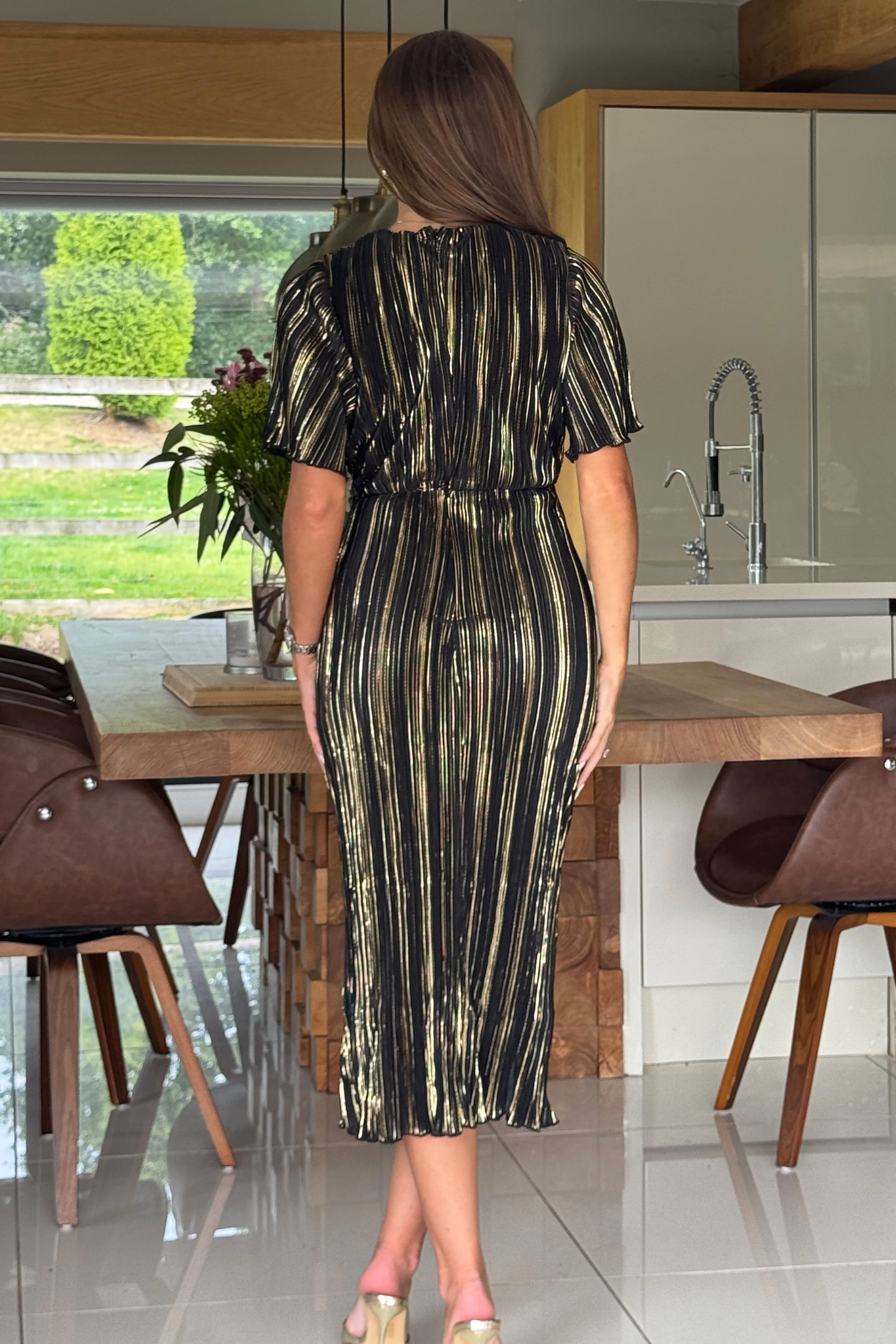 Isla Black and Gold Plisse Wrap Front Midi Dress - Image 4
