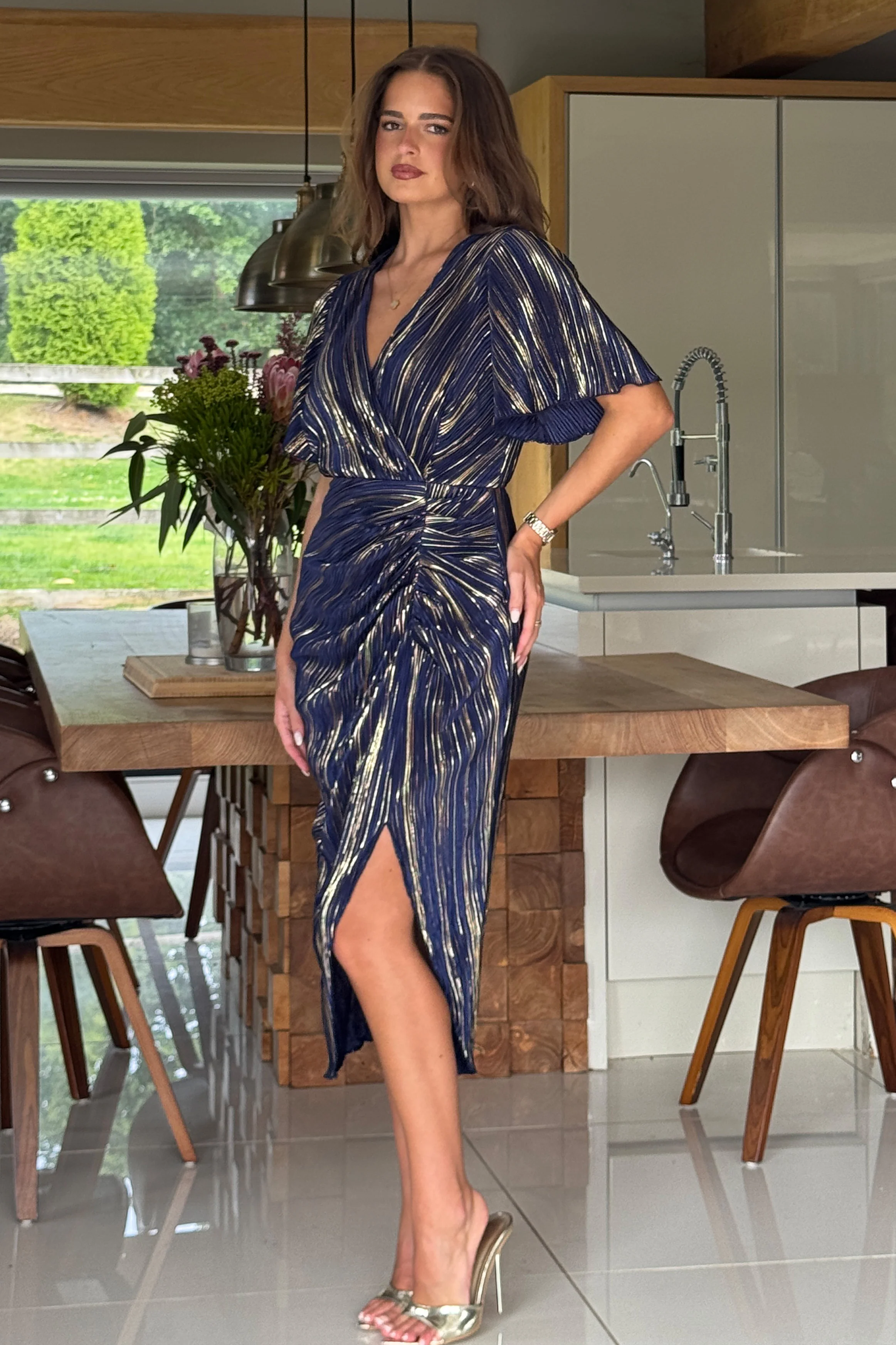 Isla Navy And Gold Plisse Wrap Front Dress - Image 3