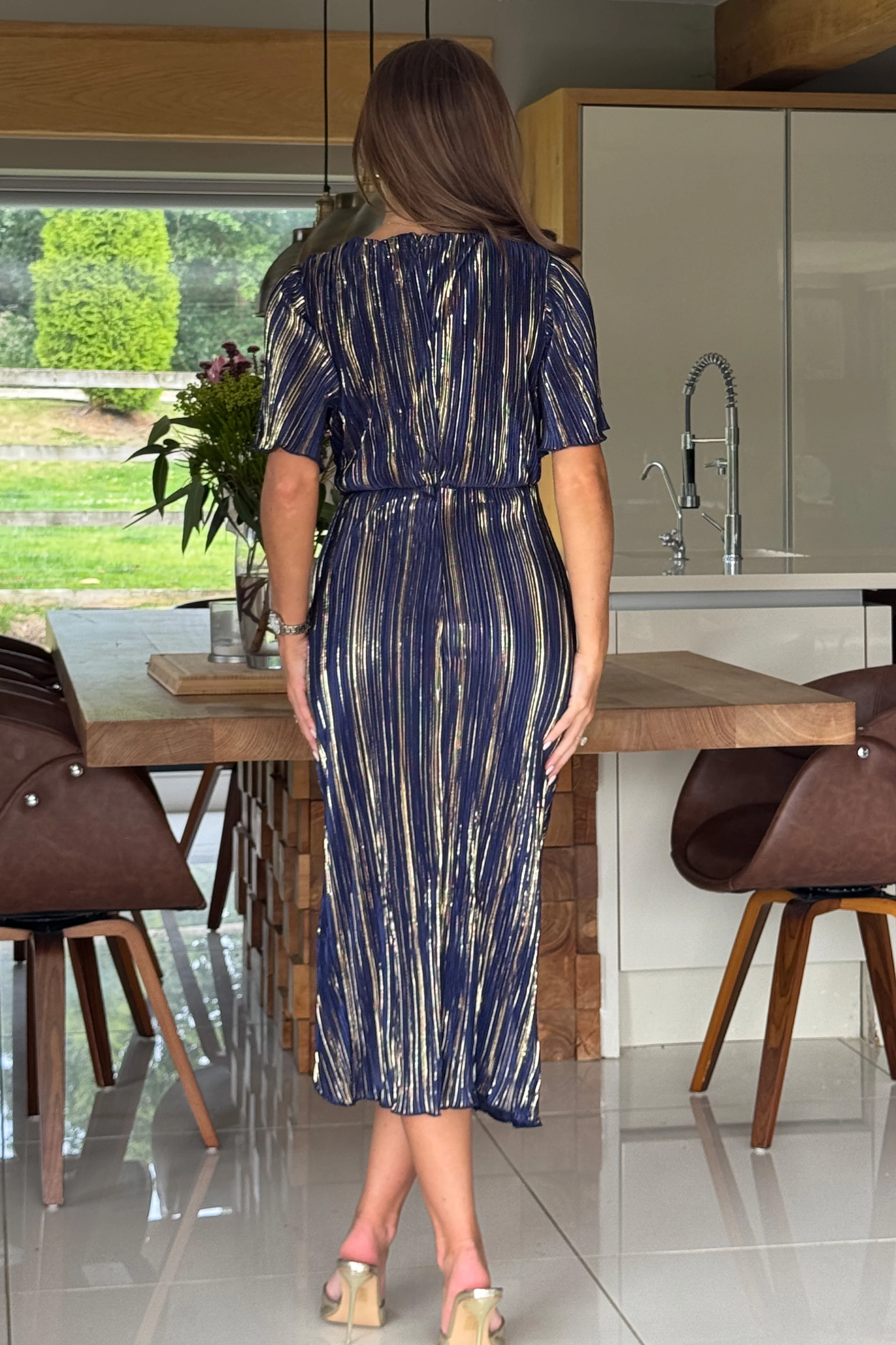 Isla Navy And Gold Plisse Wrap Front Dress - Image 4