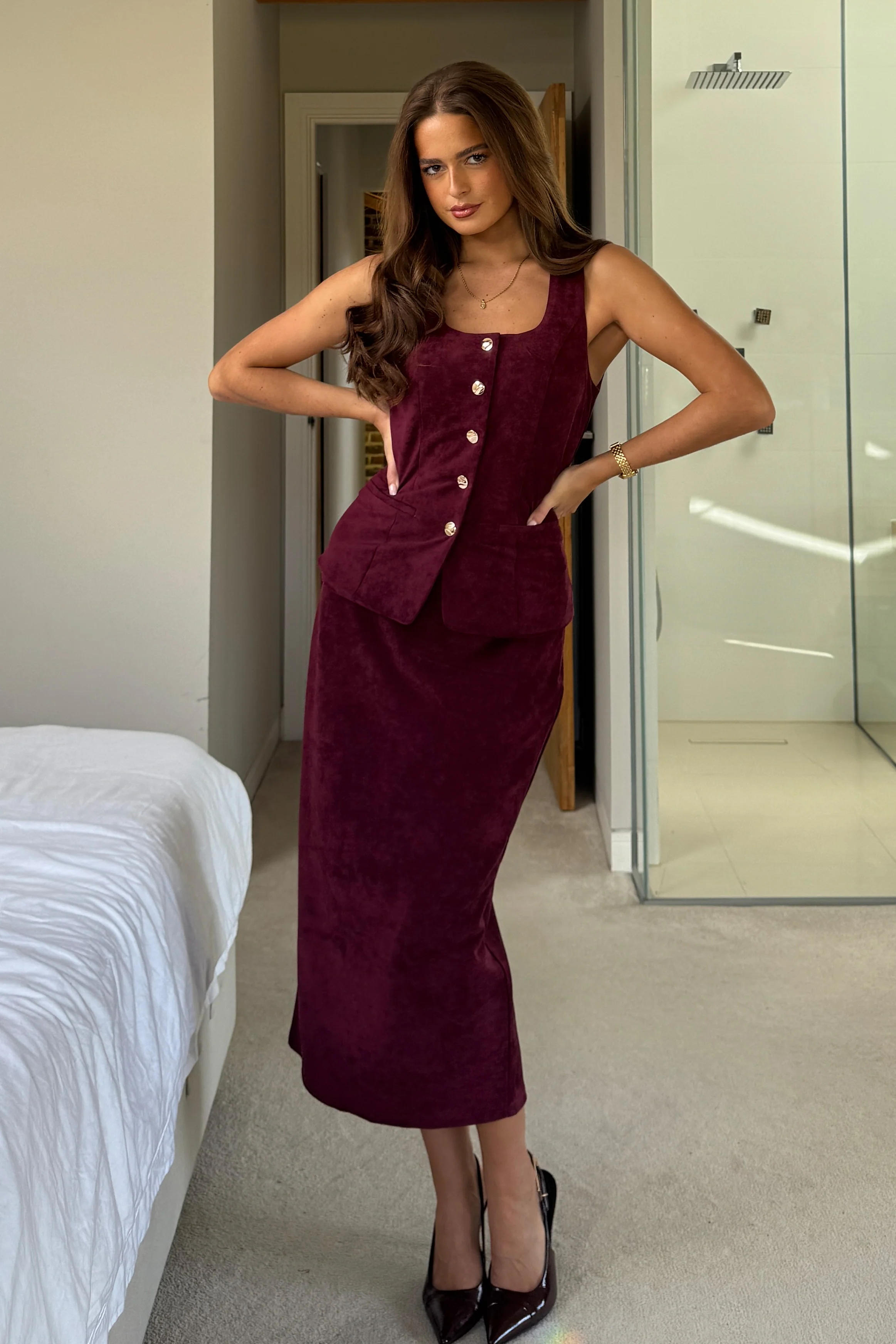 Jamie Square Neckline Suede Waistcoat Berry - Image 2
