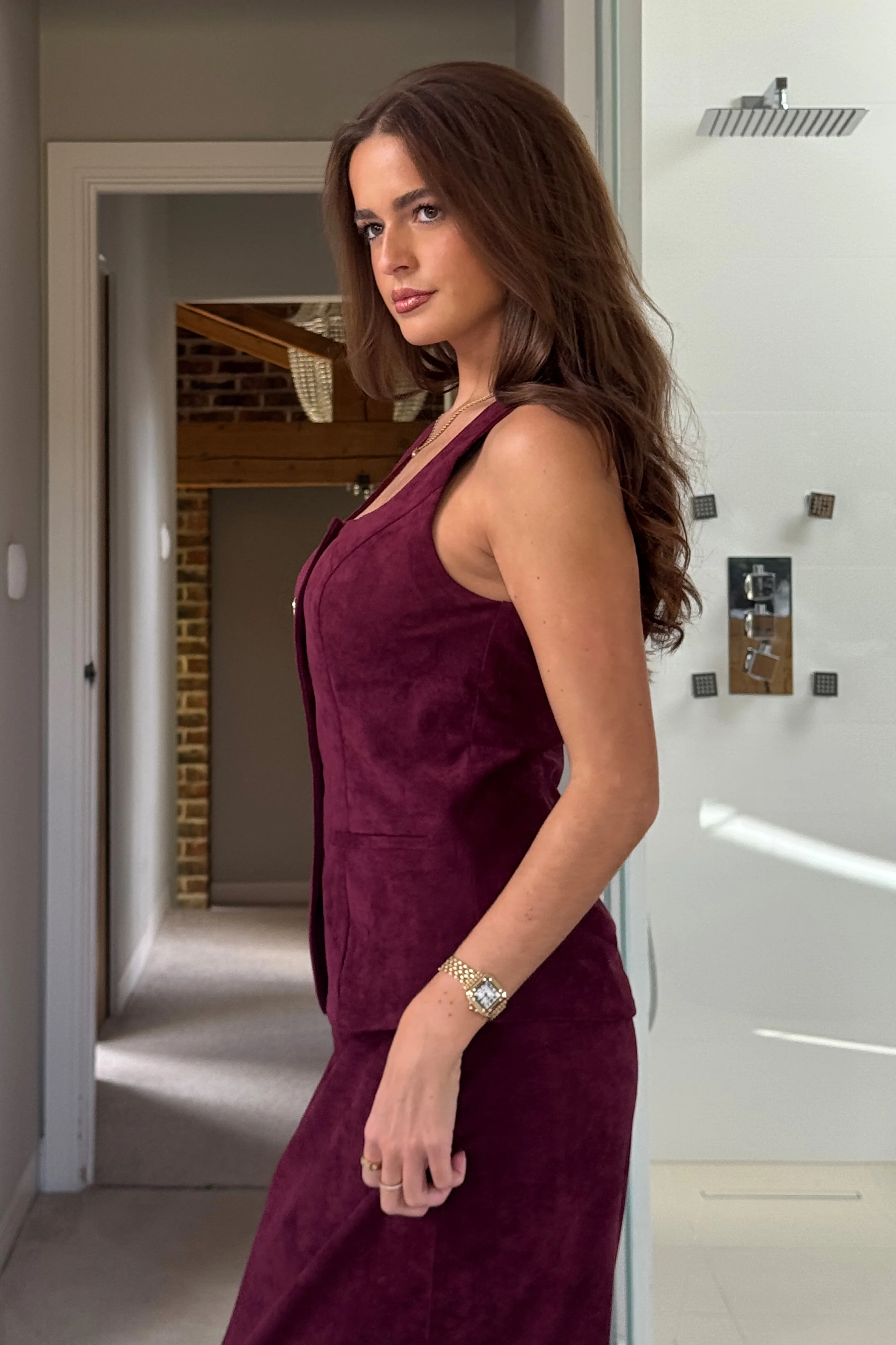 Jamie Square Neckline Suede Waistcoat Berry - Image 3
