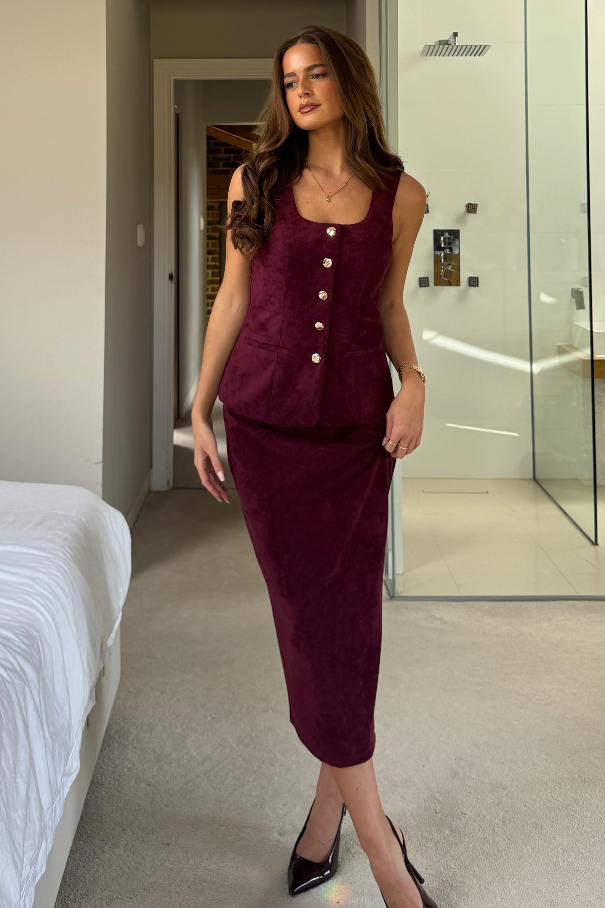 Jamie Square Neckline Suede Waistcoat Berry - Image 4
