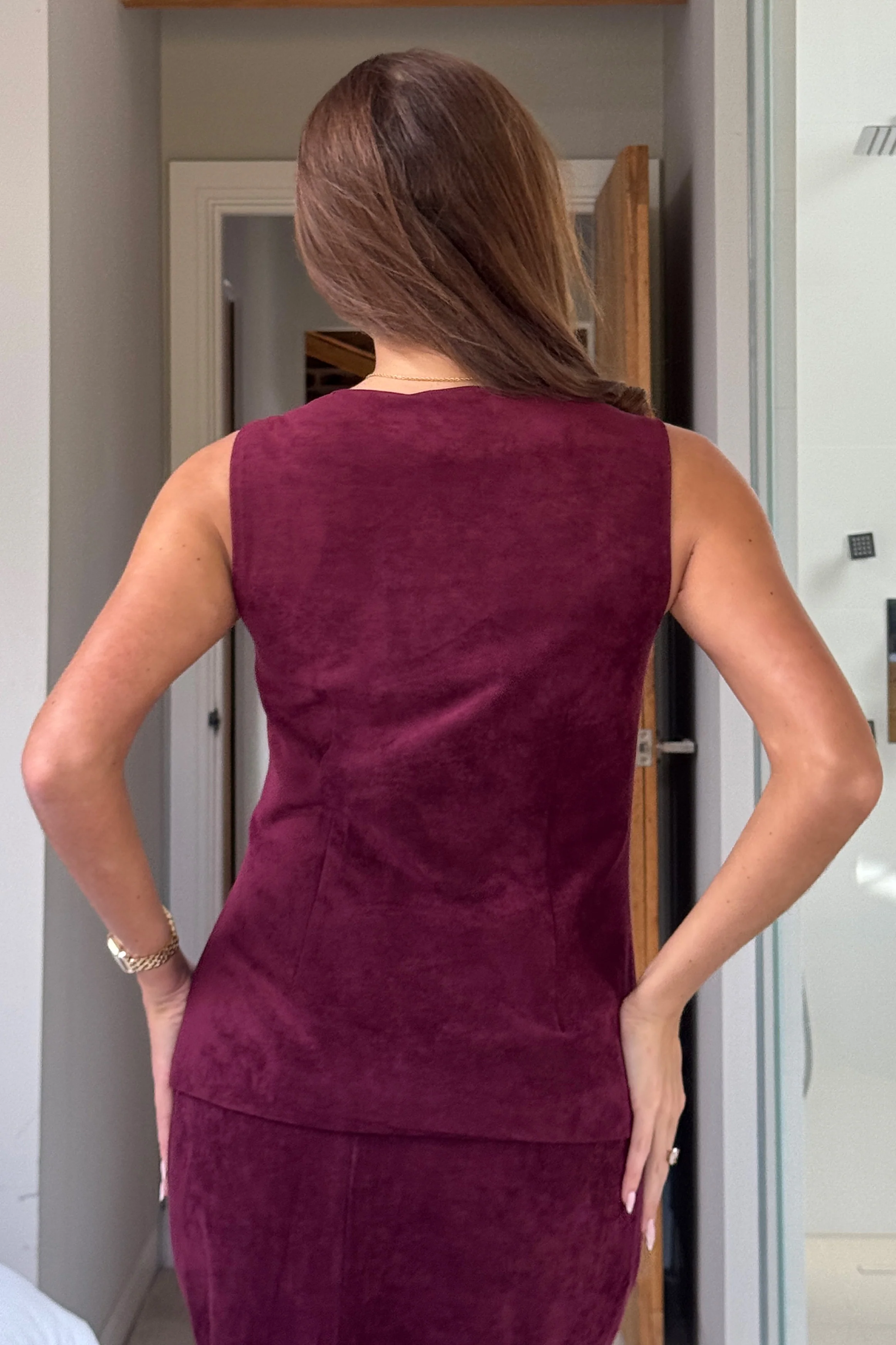Jamie Square Neckline Suede Waistcoat Berry - Image 5