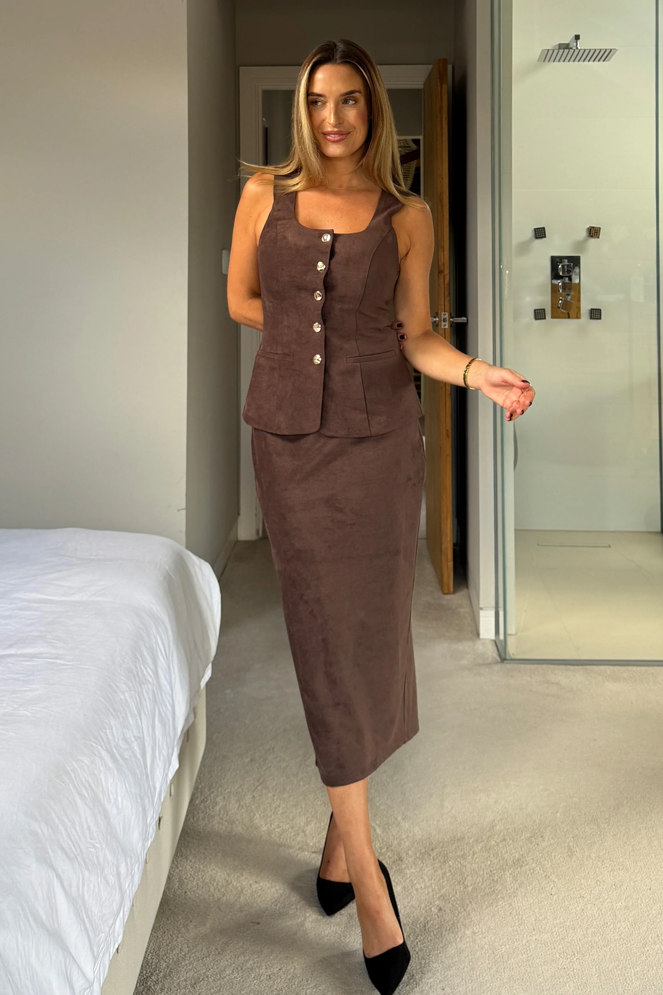 Jamie Square Neckline Suede Waistcoat Chocolate - Image 2