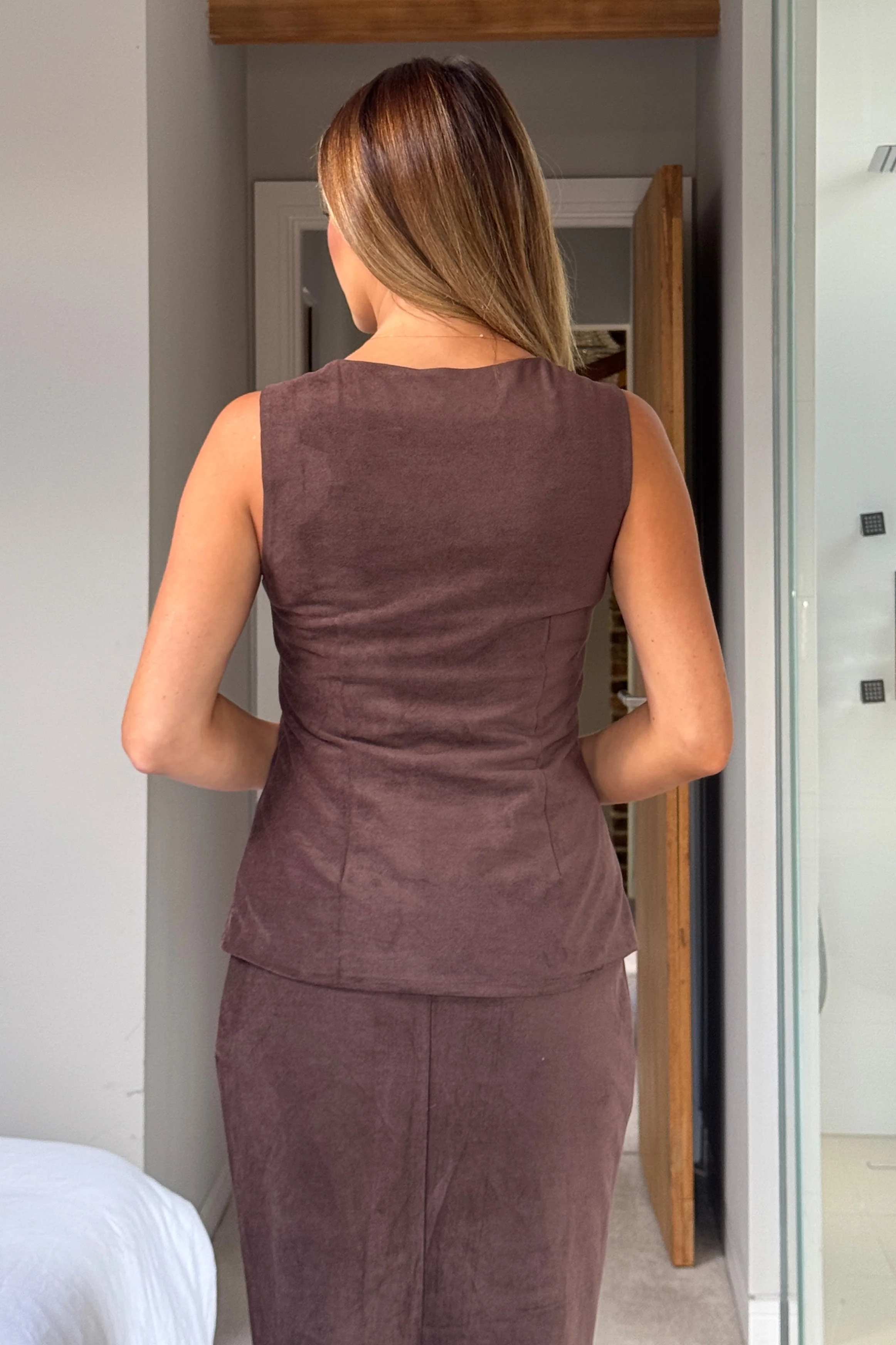 Jamie Square Neckline Suede Waistcoat Chocolate - Image 5