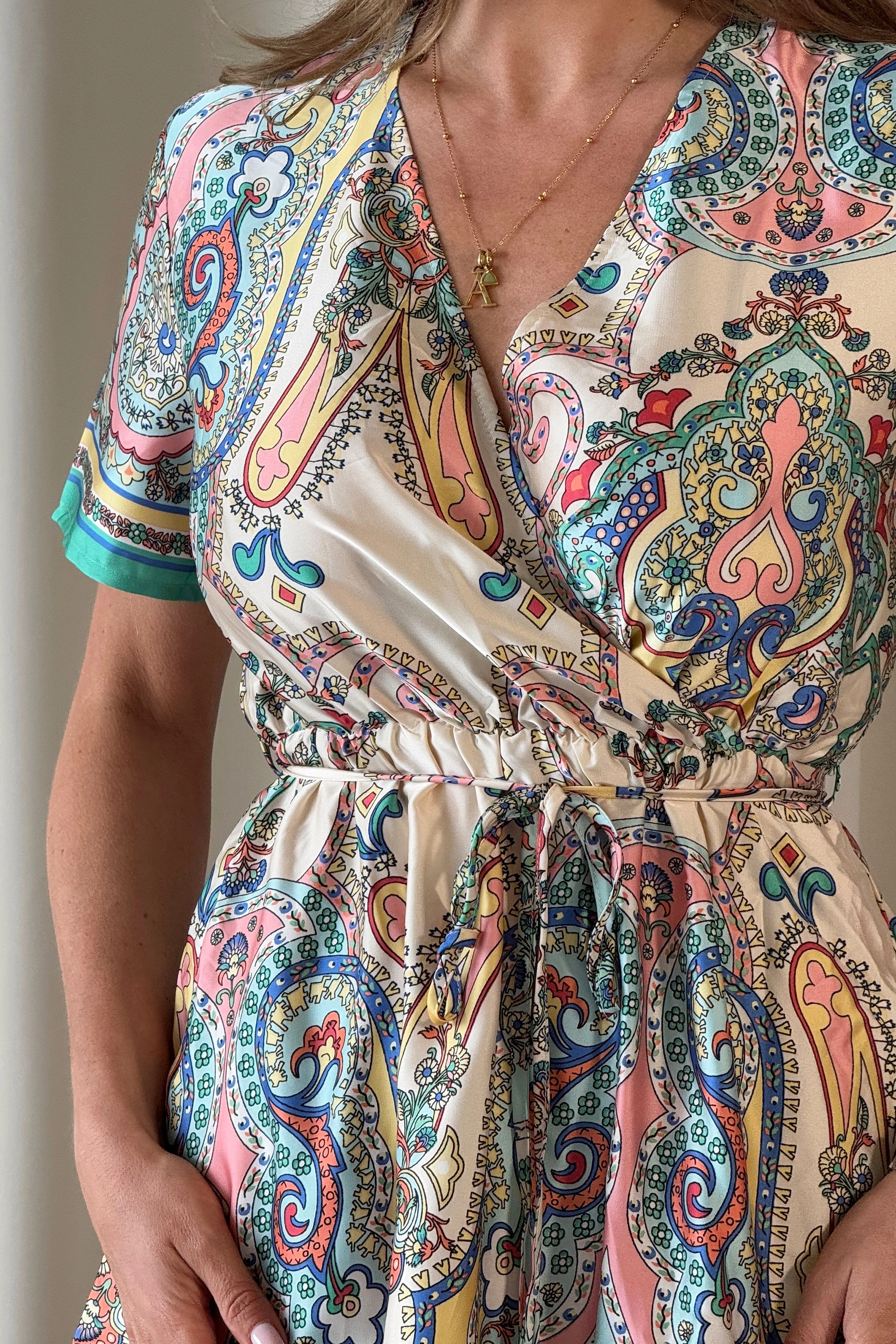 Jazlyn Blue Boarder Print Wrap Mini Dress - Image 2