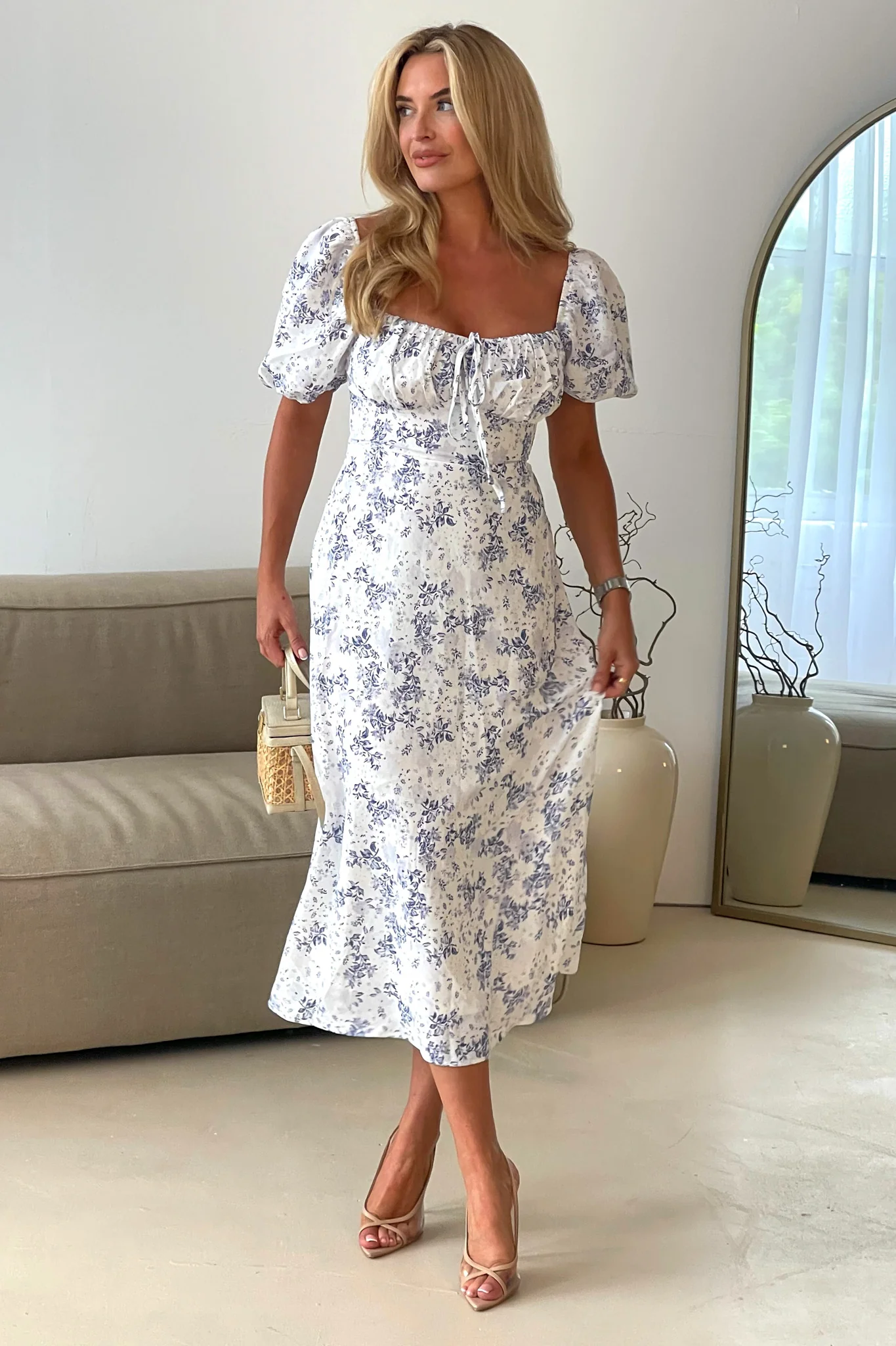 Jemima Square Neck Midi Dress Blue Floral - Image 5