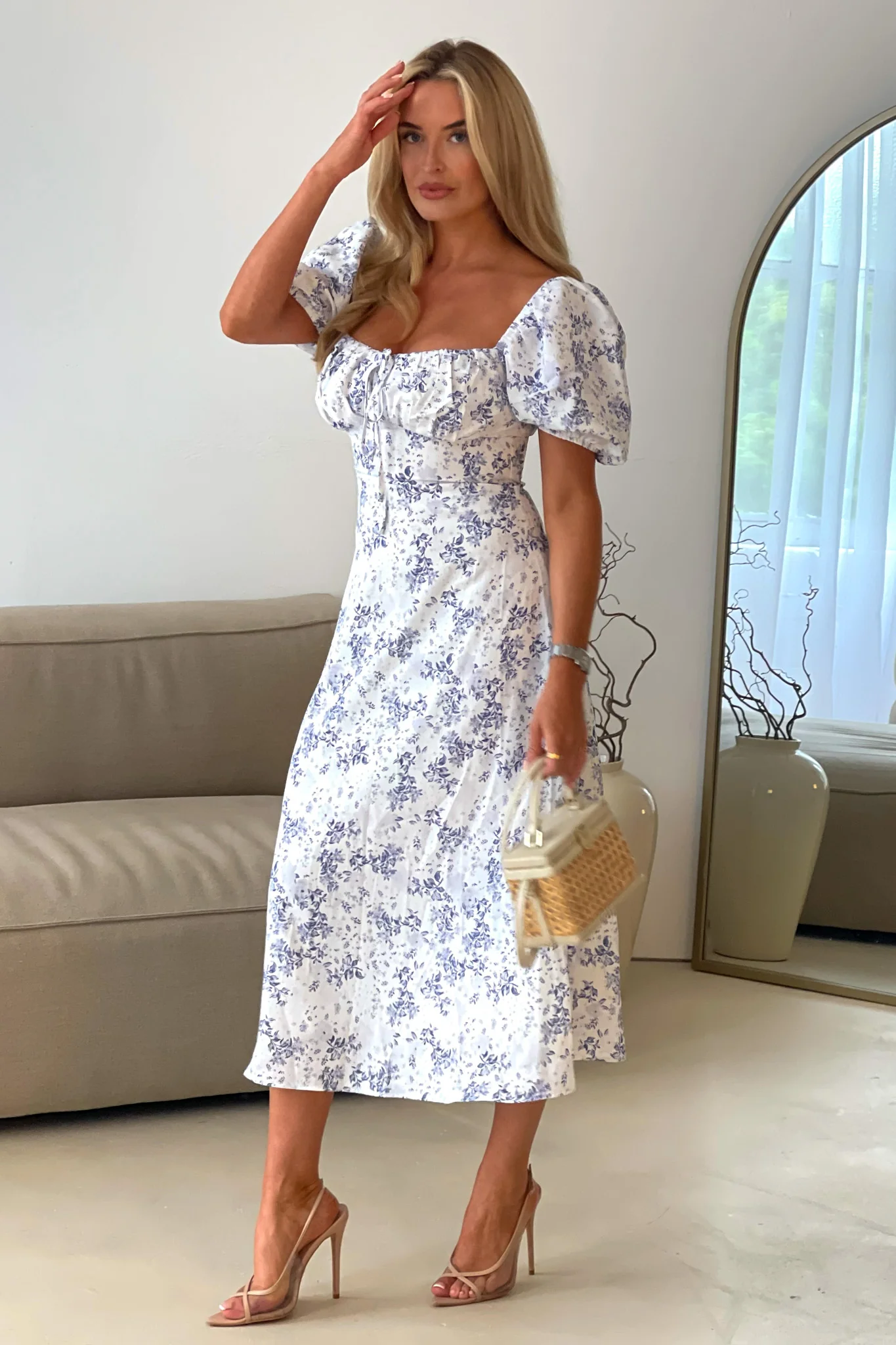 Jemima Square Neck Midi Dress Blue Floral - Image 7