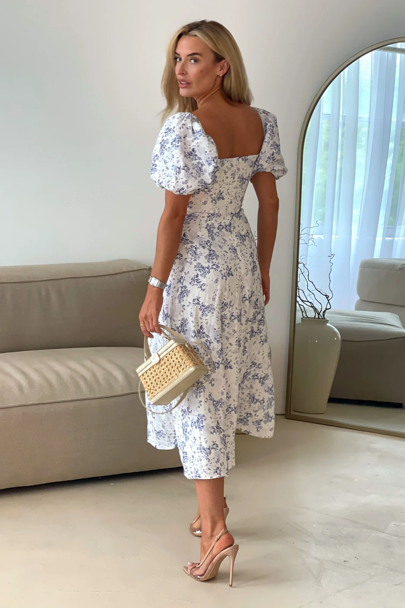 Jemima Square Neck Midi Dress Blue Floral - Image 8