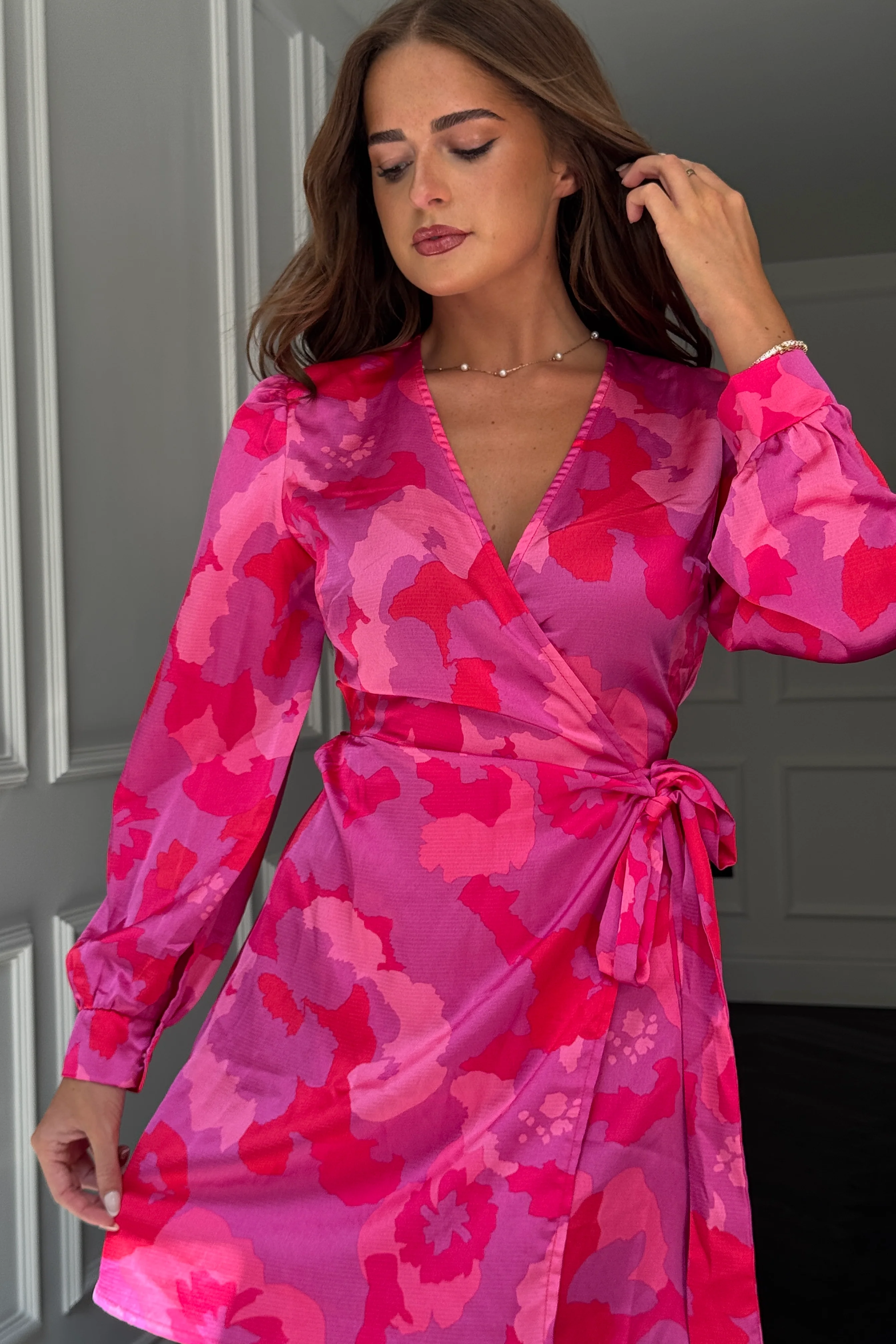 Jenny Long Sleeve Wrap Mini Dress Pink Floral - Image 2