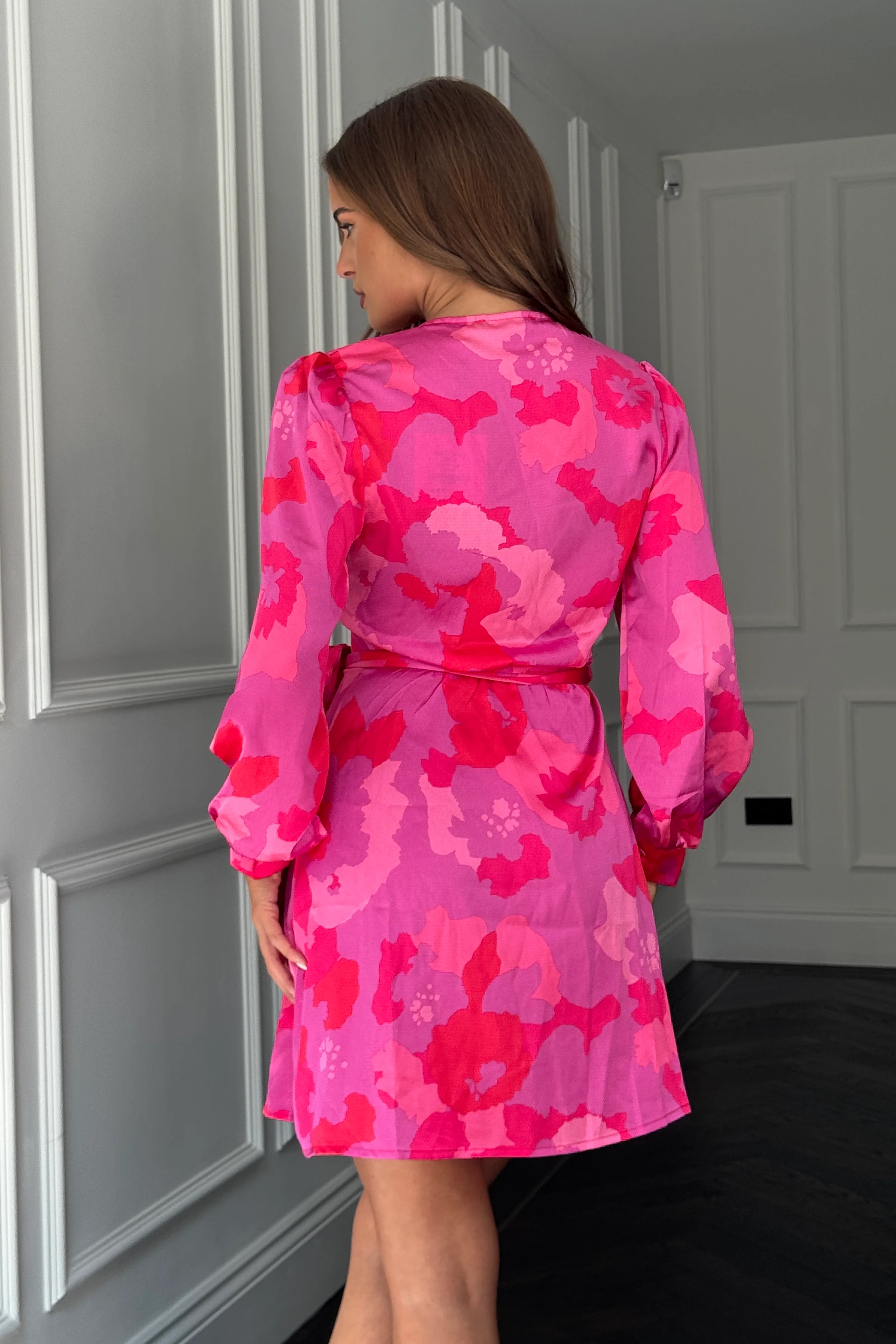 Jenny Long Sleeve Wrap Mini Dress Pink Floral - Image 4