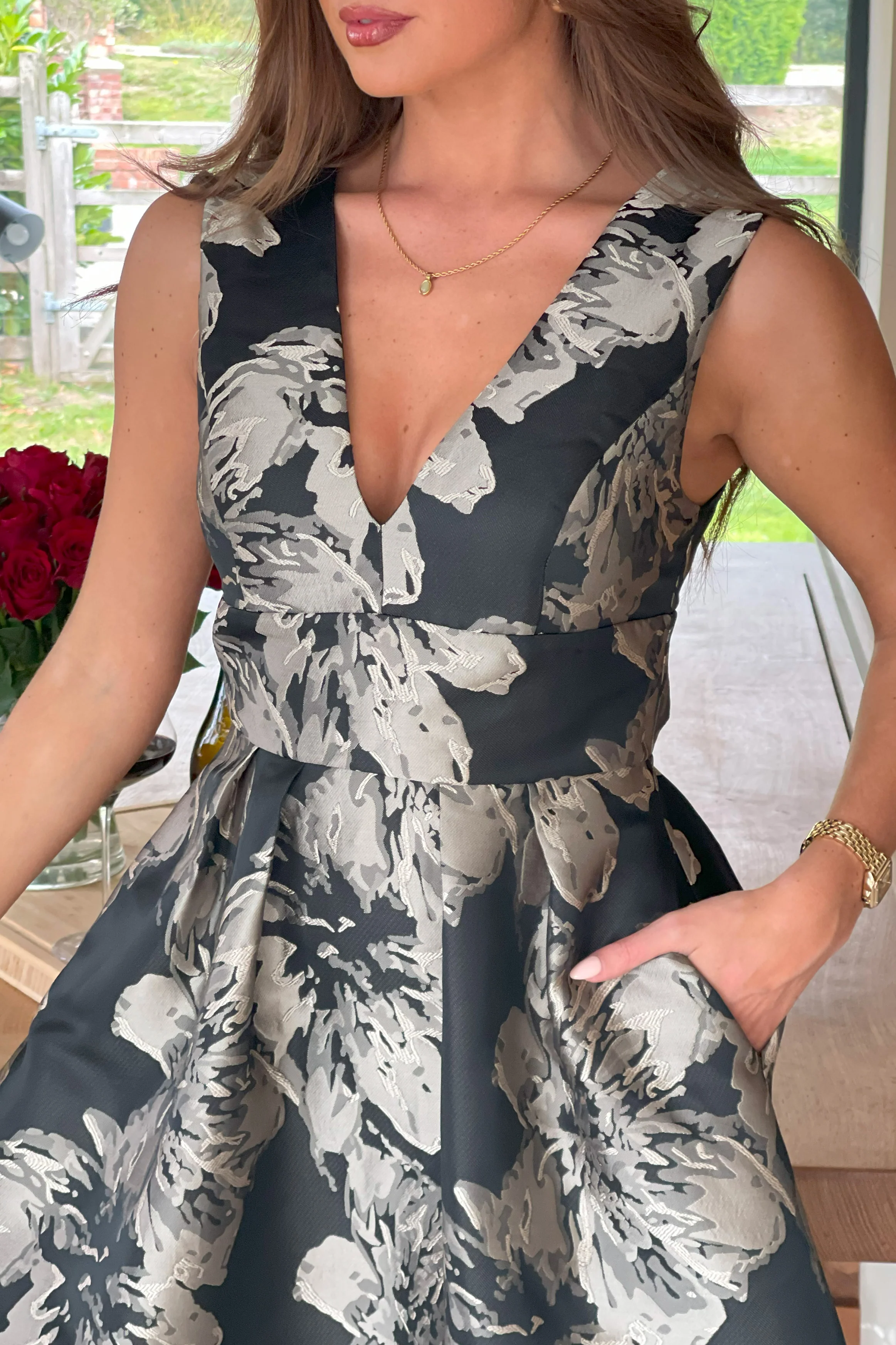 Jesinia Black And Gold Jacquard V Neck Midi Dress - Image 2
