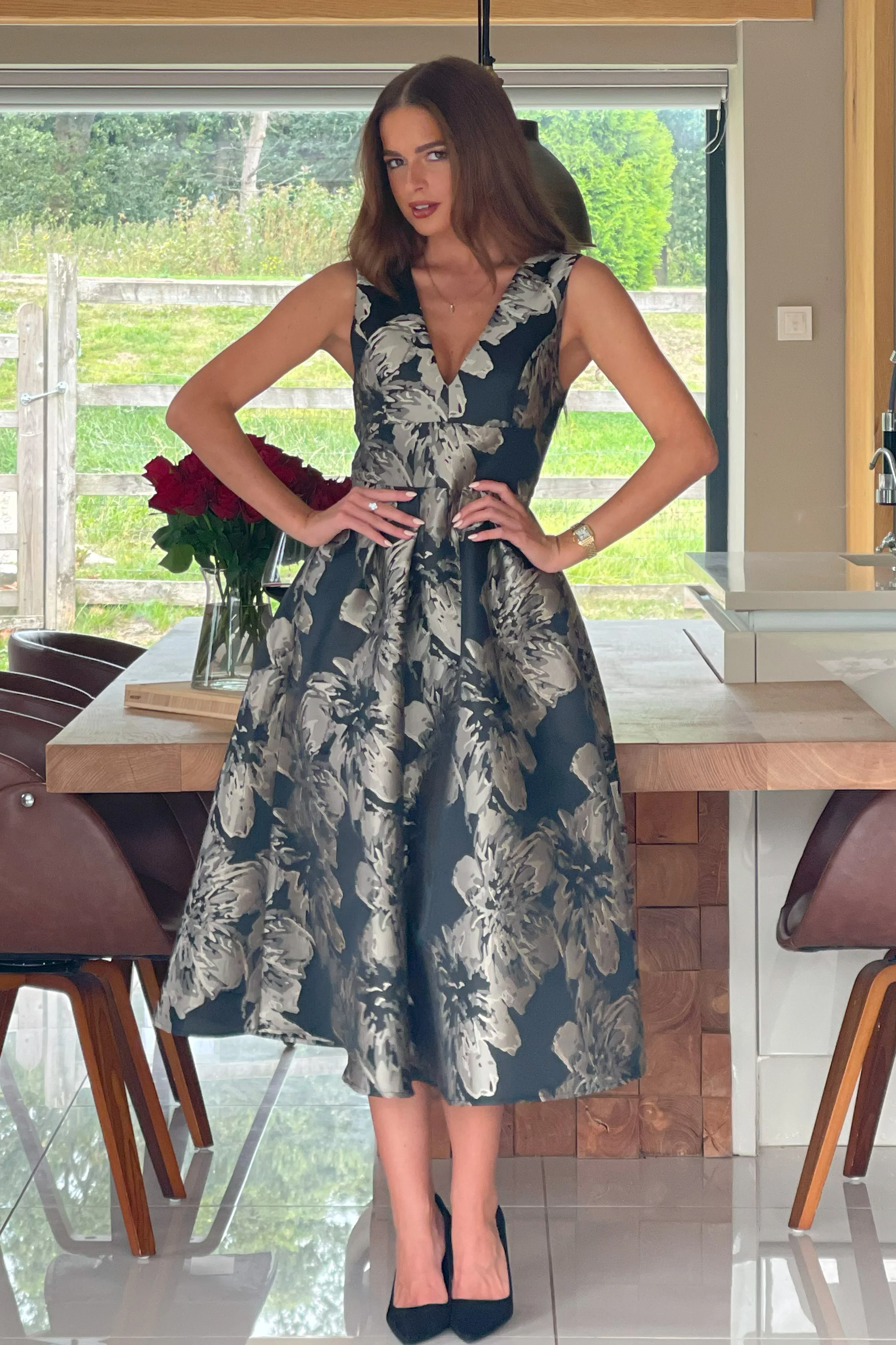 Jesinia Black And Gold Jacquard V Neck Midi Dress - Image 4