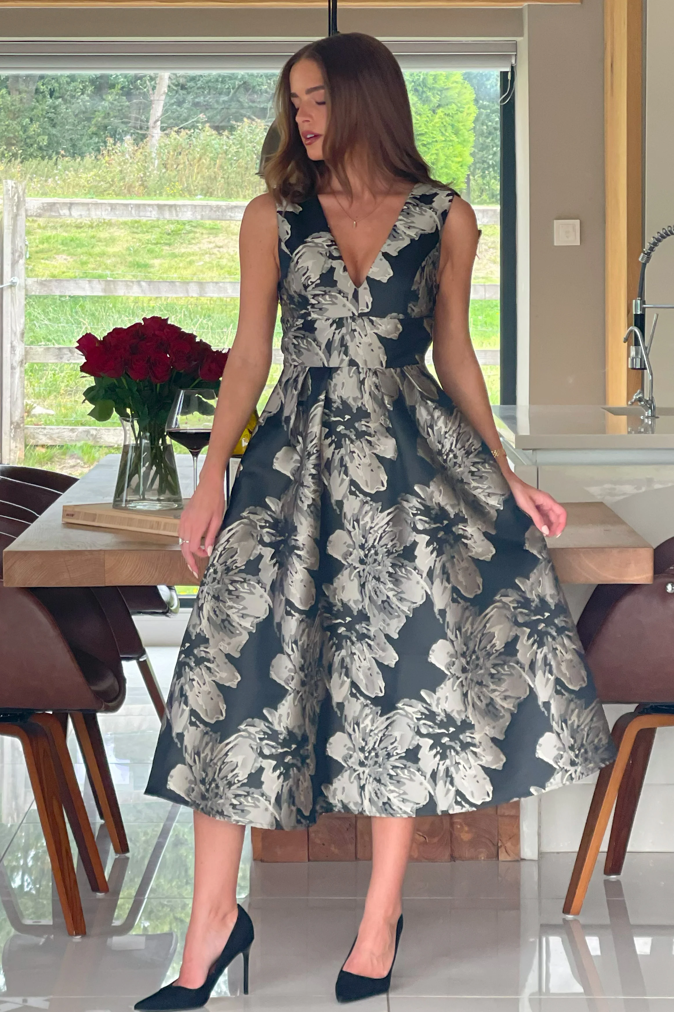 Jesinia Black And Gold Jacquard V Neck Midi Dress - Image 5