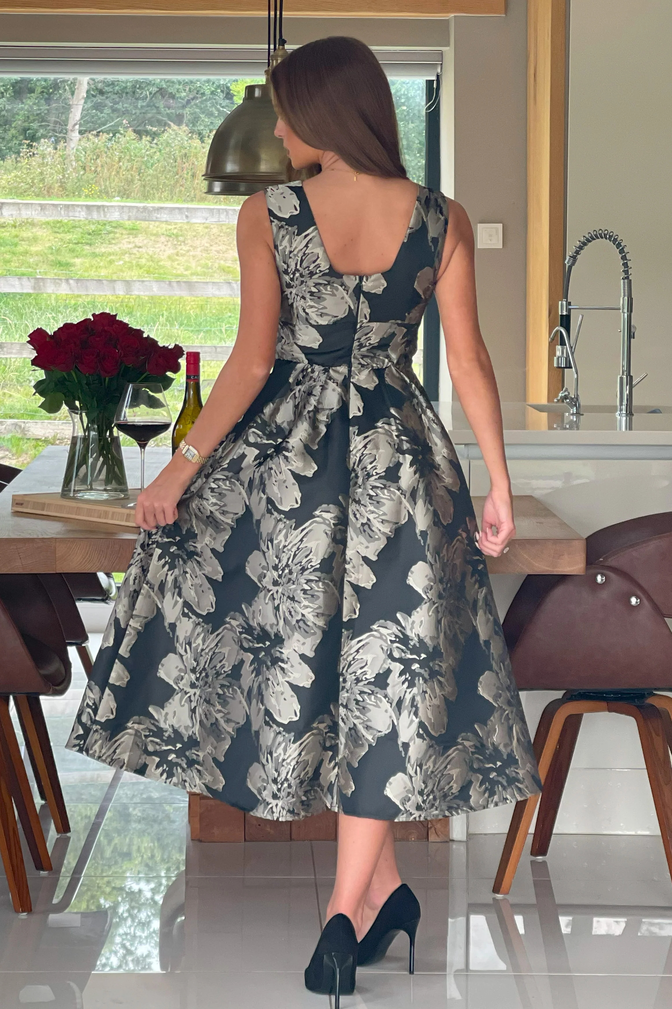 Jesinia Black And Gold Jacquard V Neck Midi Dress - Image 6