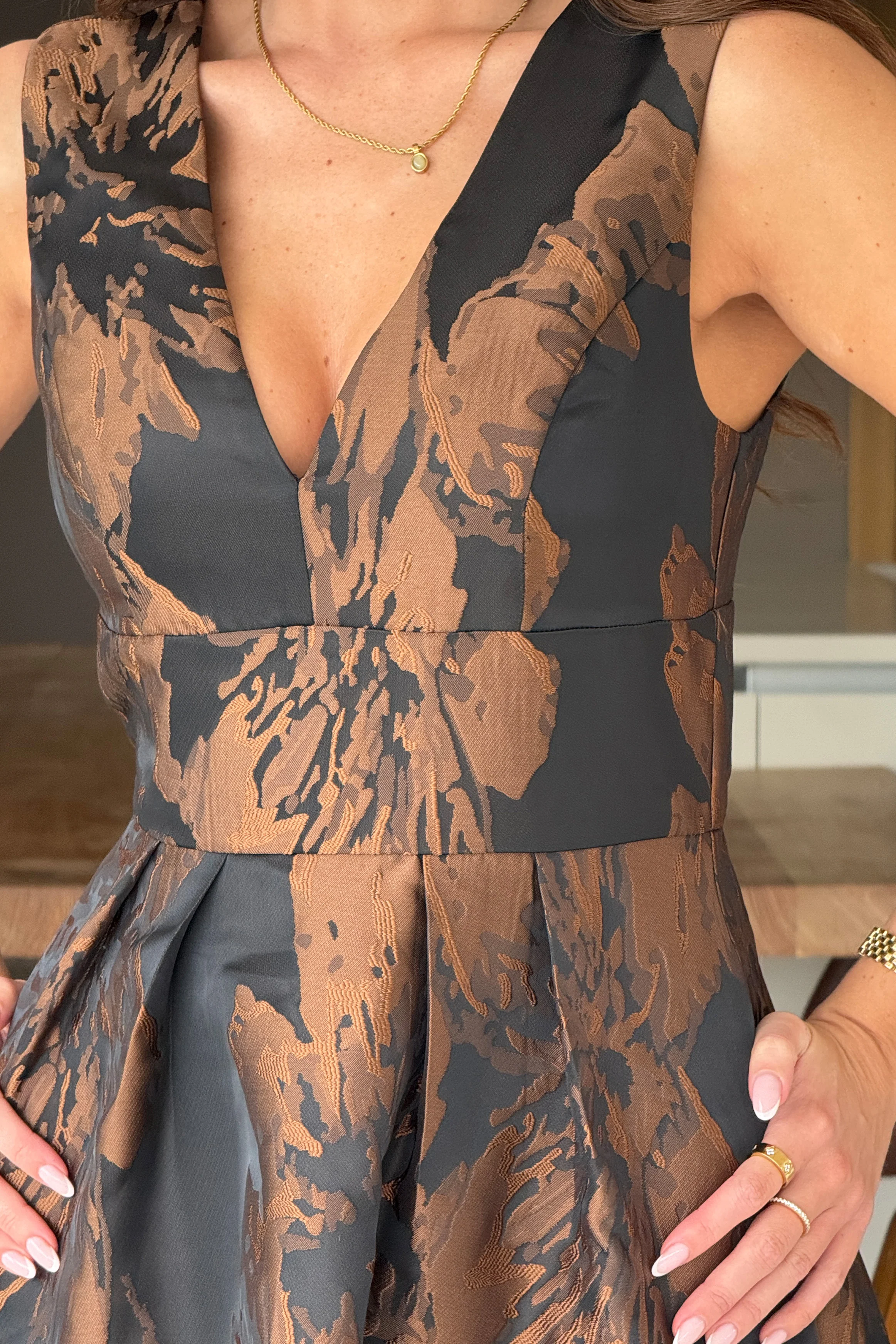 Jesinia Brown Jacquard V Neck Midi Dress - Image 2