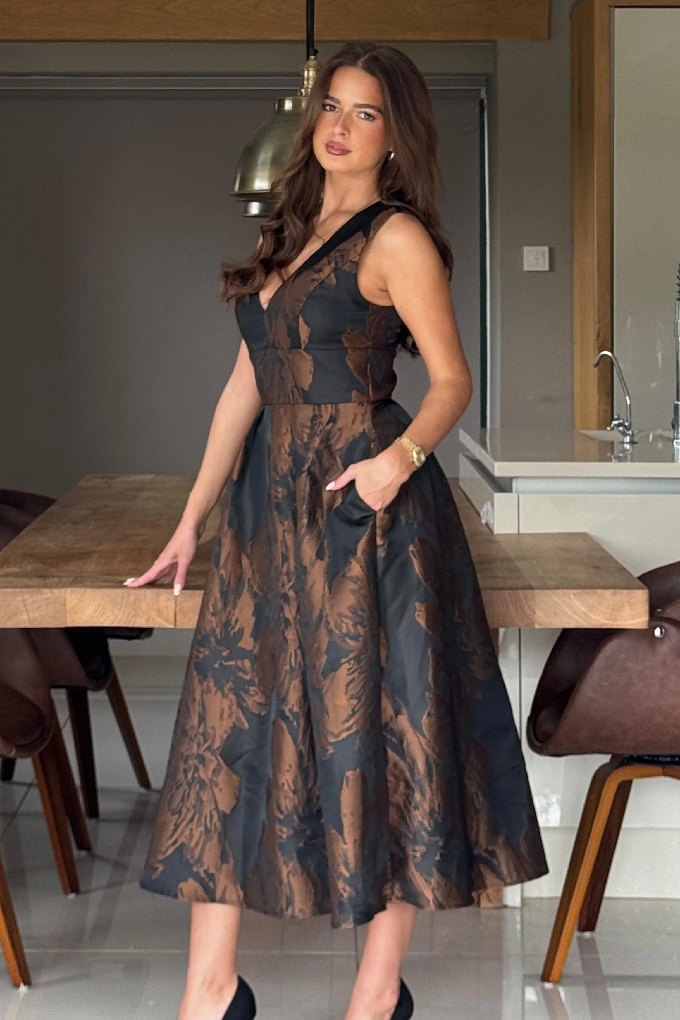 Jesinia Brown Jacquard V Neck Midi Dress - Image 4