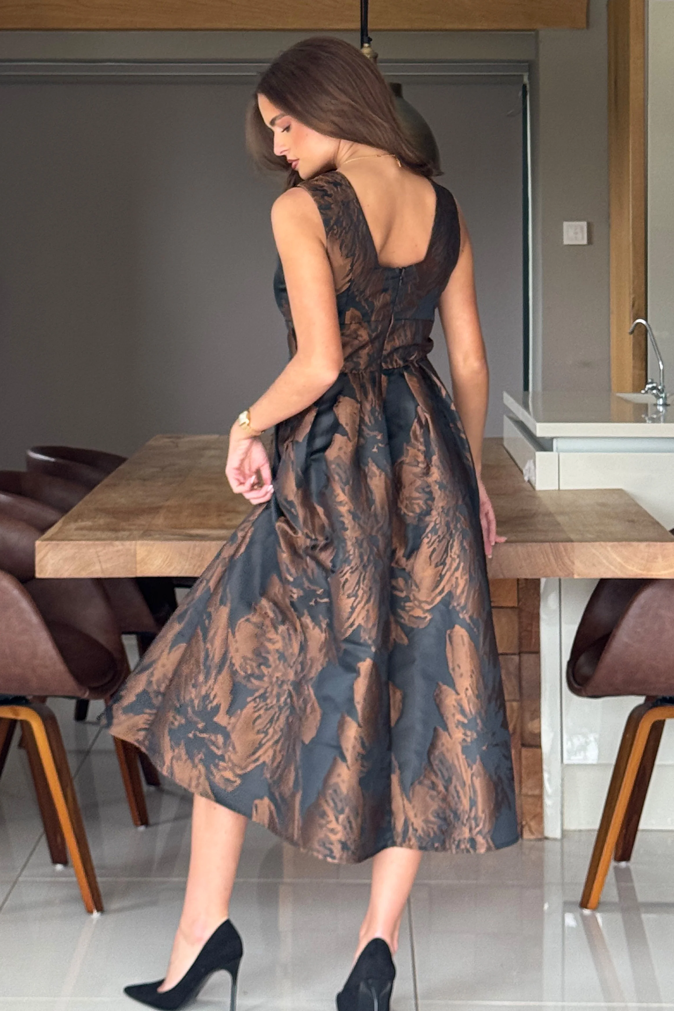 Jesinia Brown Jacquard V Neck Midi Dress - Image 5