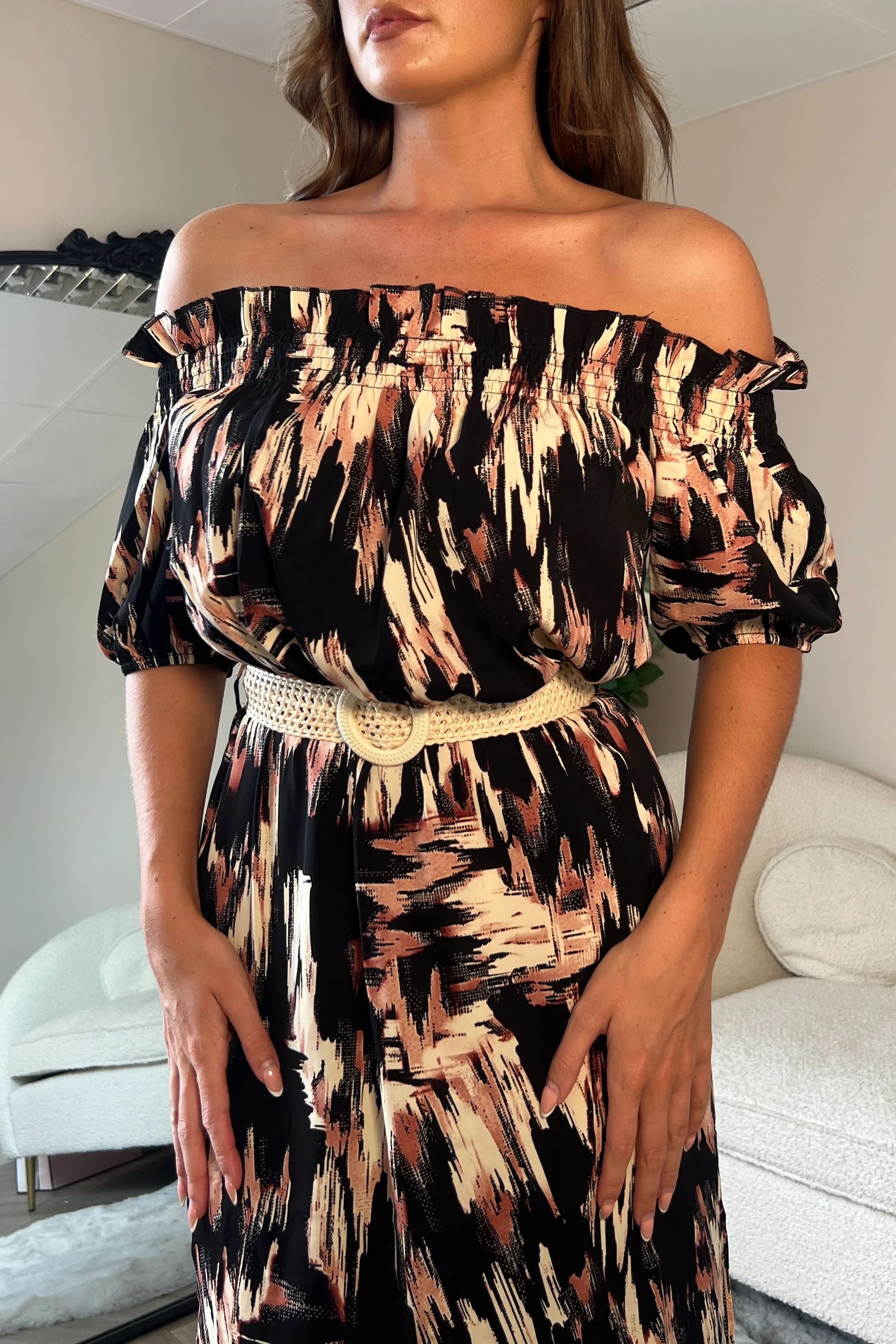 Jordana Off the Shoulder Midi Dress Brown Abstract - Image 2