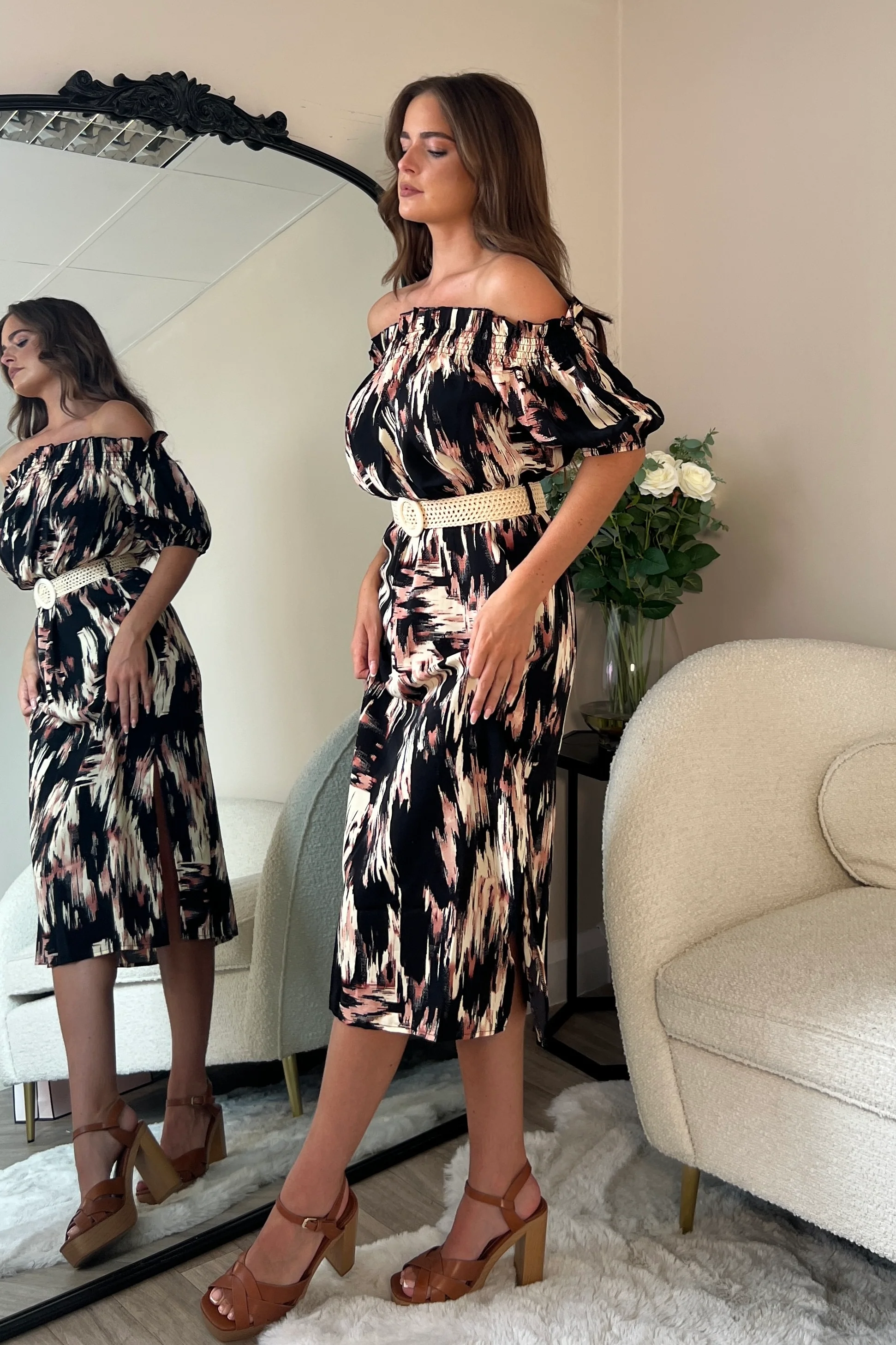 Jordana Off the Shoulder Midi Dress Brown Abstract - Image 3
