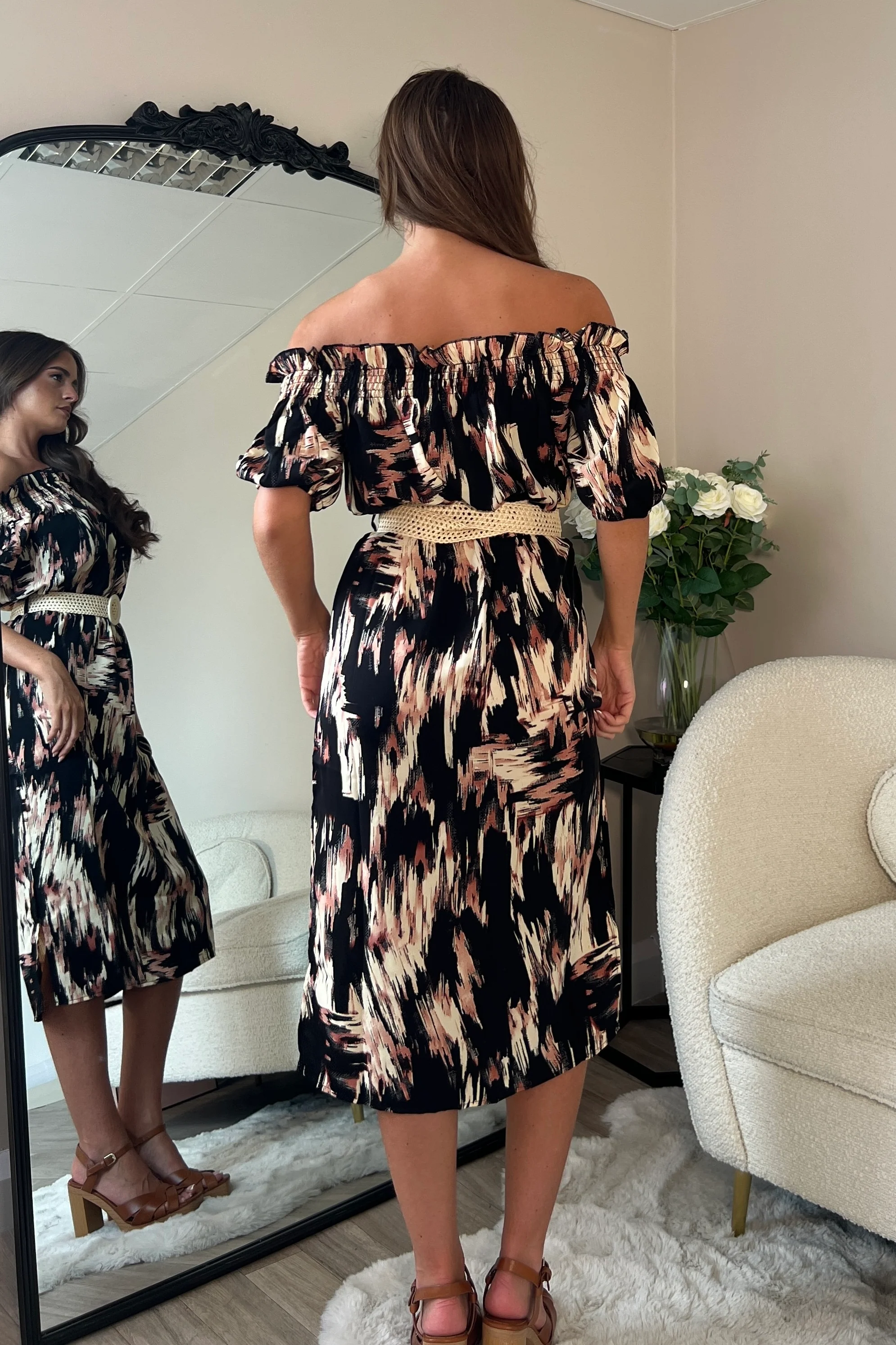 Jordana Off the Shoulder Midi Dress Brown Abstract - Image 4