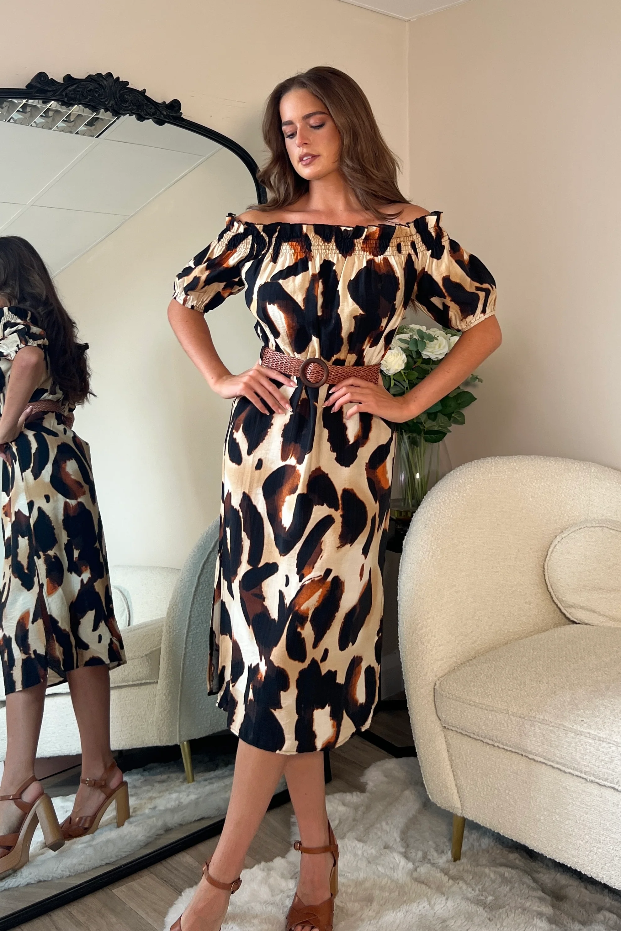 Jordana Off the Shoulder Midi Dress Brown Animal - Image 2