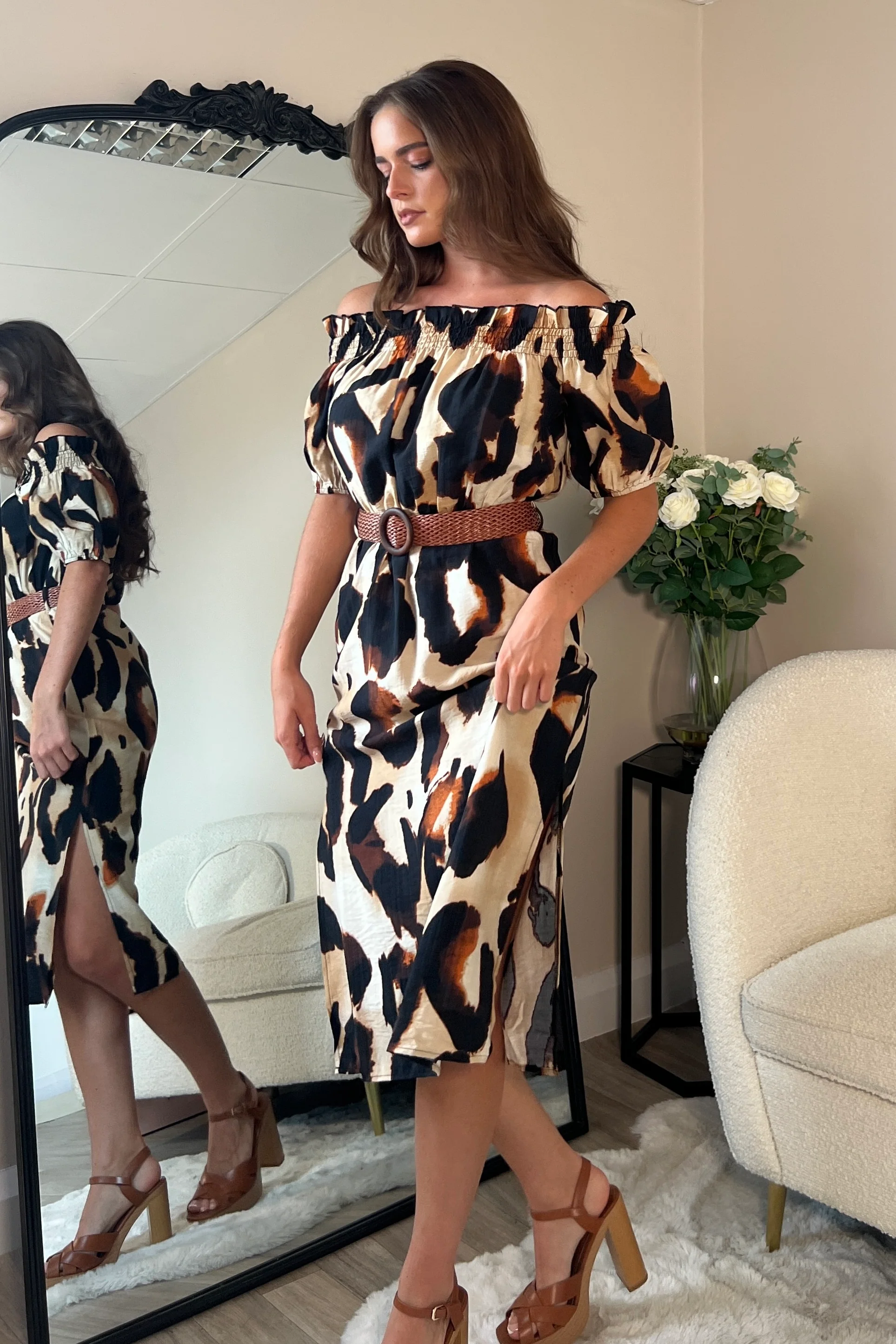 Jordana Off the Shoulder Midi Dress Brown Animal - Image 3