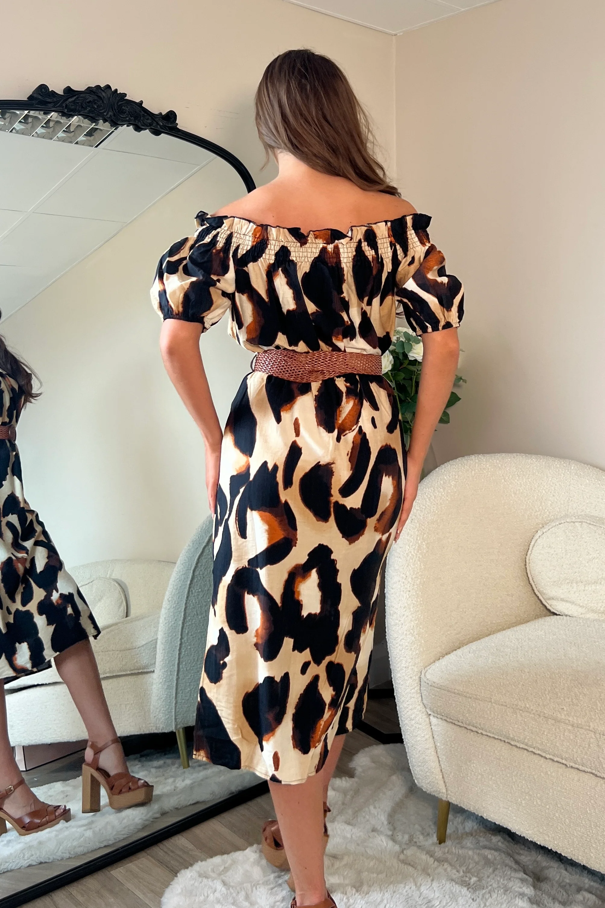 Jordana Off the Shoulder Midi Dress Brown Animal - Image 4