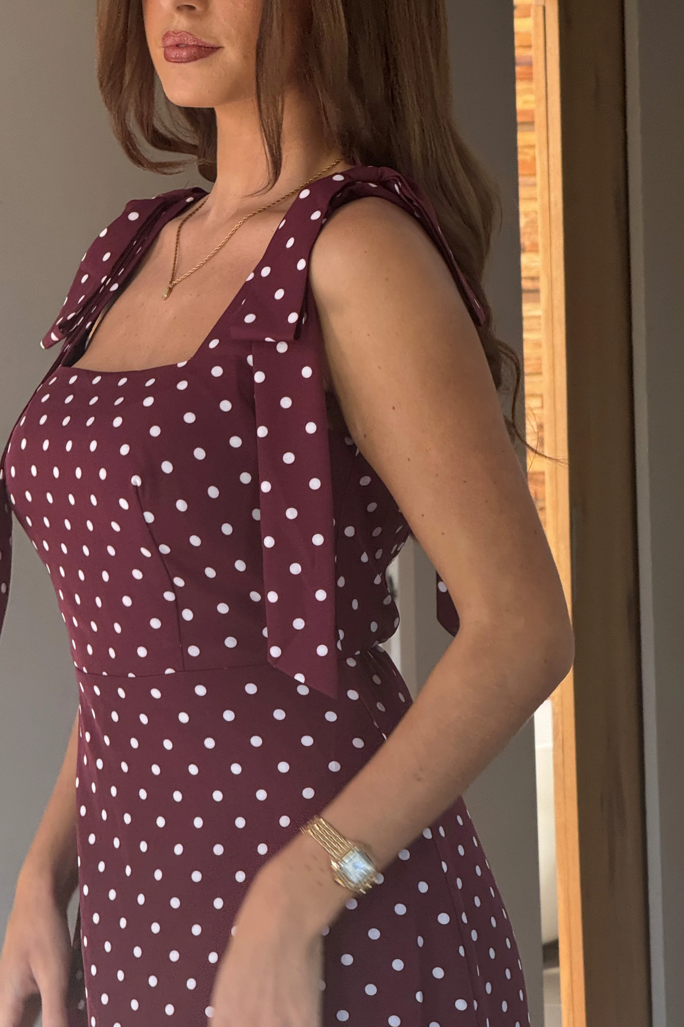 Jovi Tie Shoulder Square Neck Midi Dress Berry Spot - Image 2