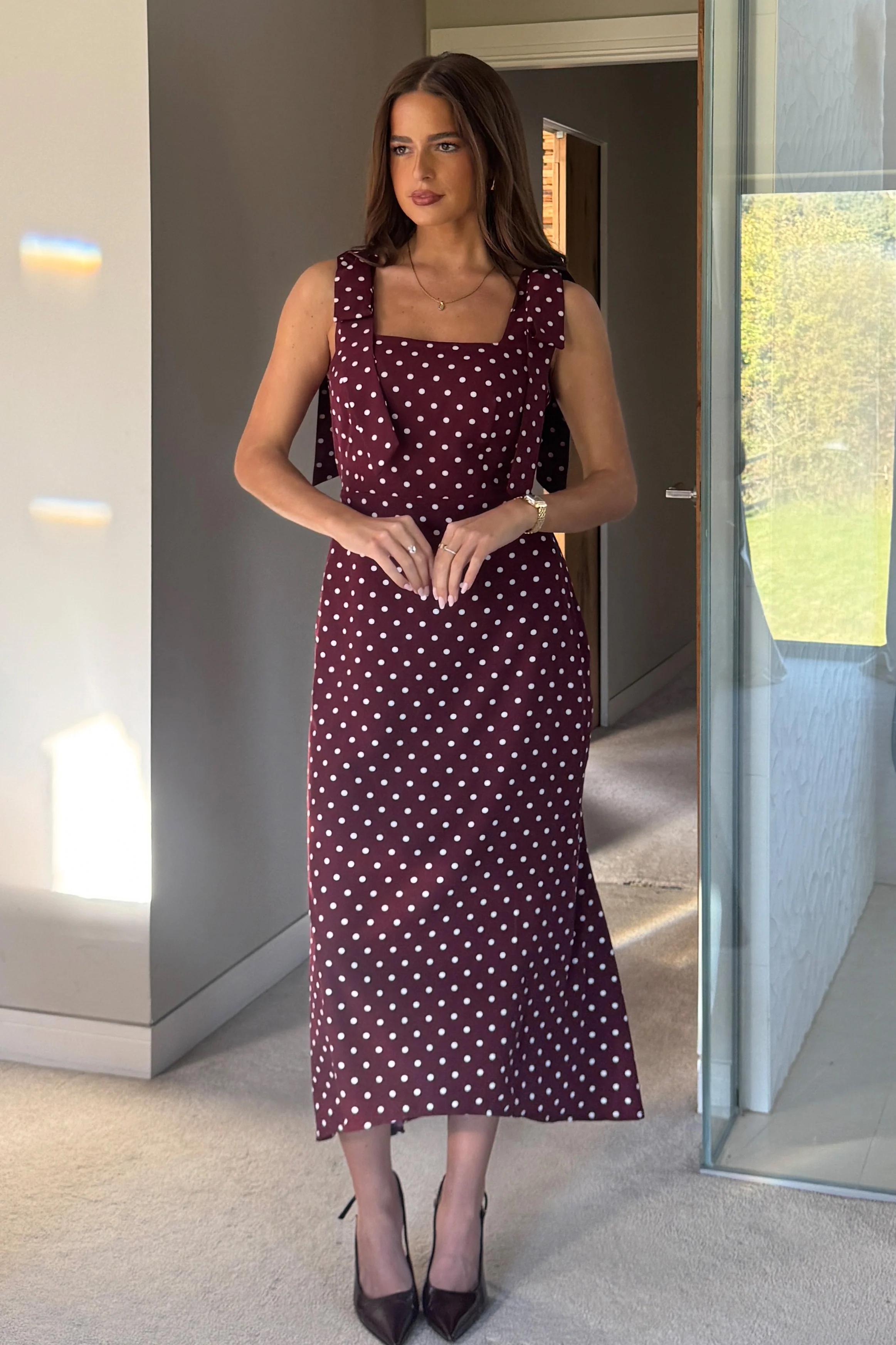 Jovi Tie Shoulder Square Neck Midi Dress Berry Spot - Image 3