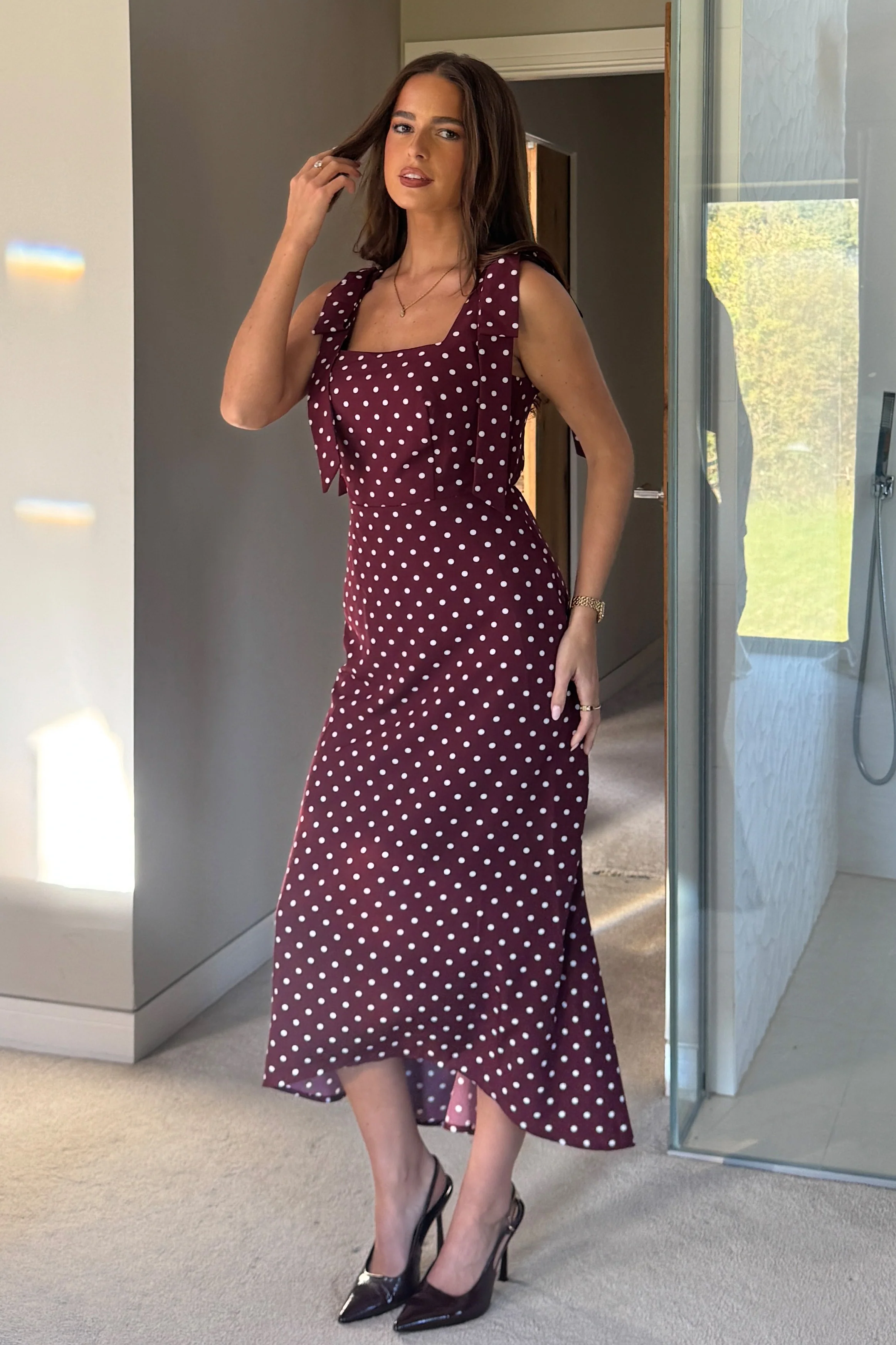 Jovi Tie Shoulder Square Neck Midi Dress Berry Spot - Image 4