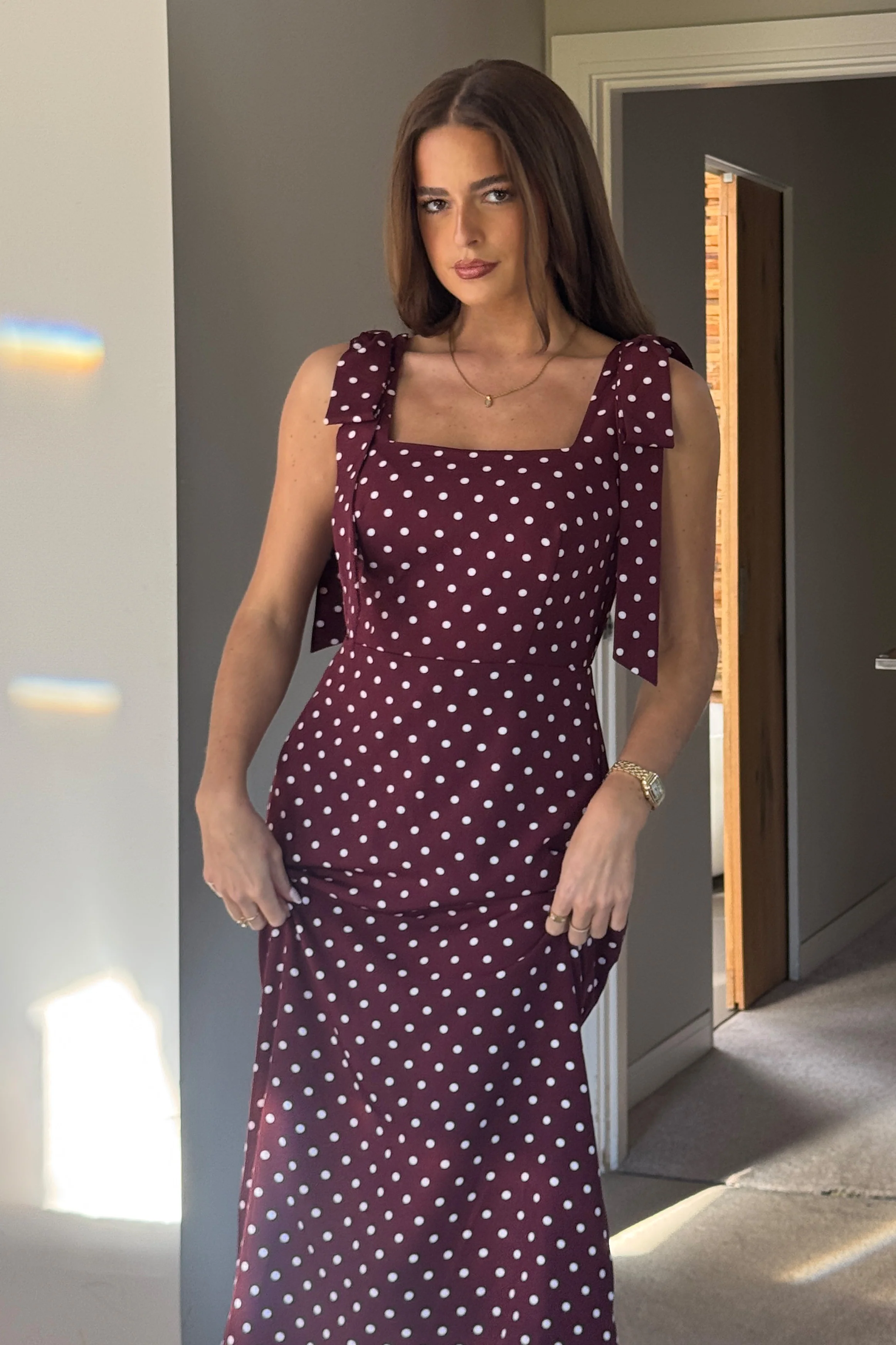 Jovi Tie Shoulder Square Neck Midi Dress Berry Spot - Image 5