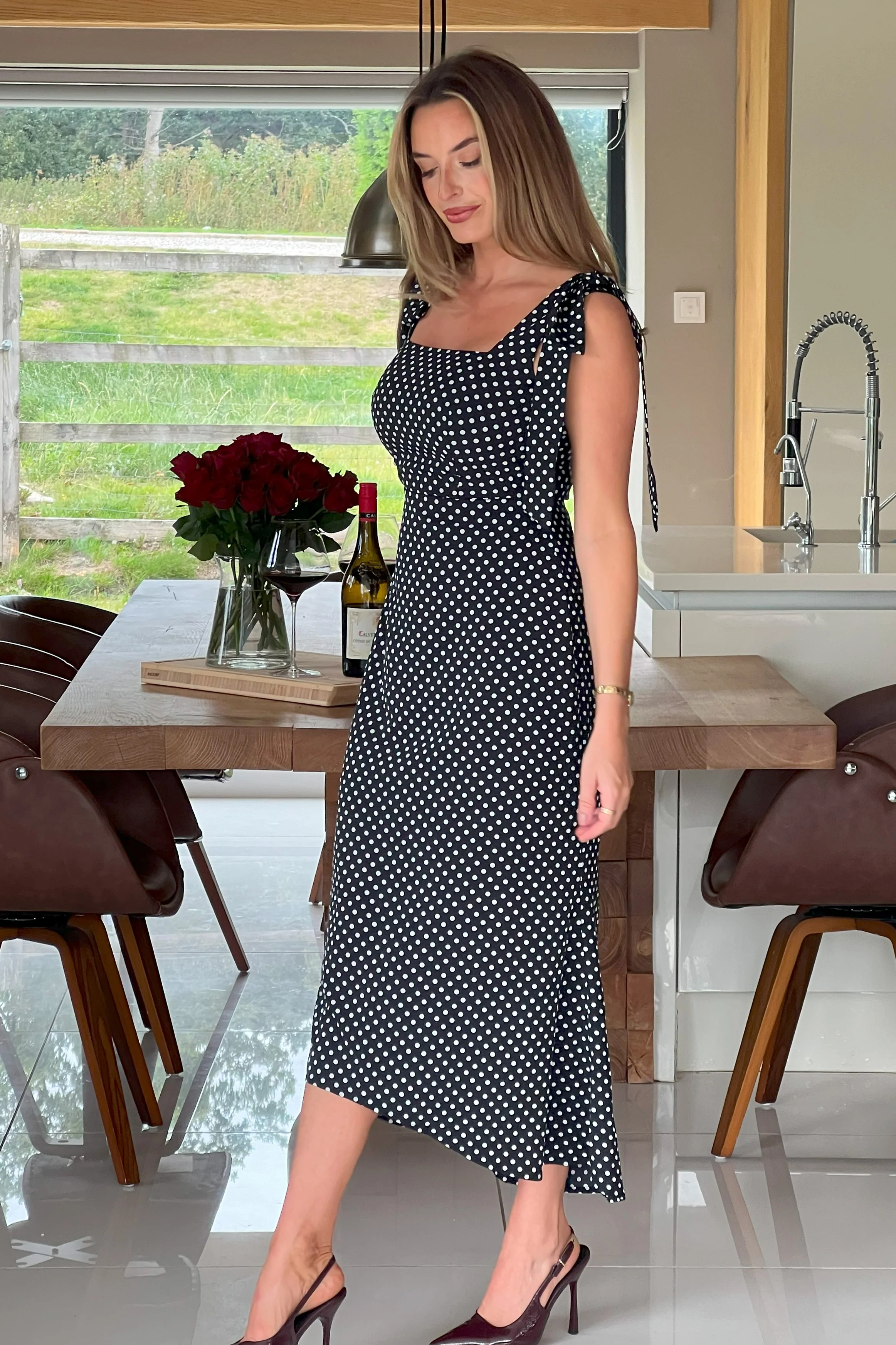 Jovi Tie Shoulder Square Neck Midi Dress Black Spot - Image 5