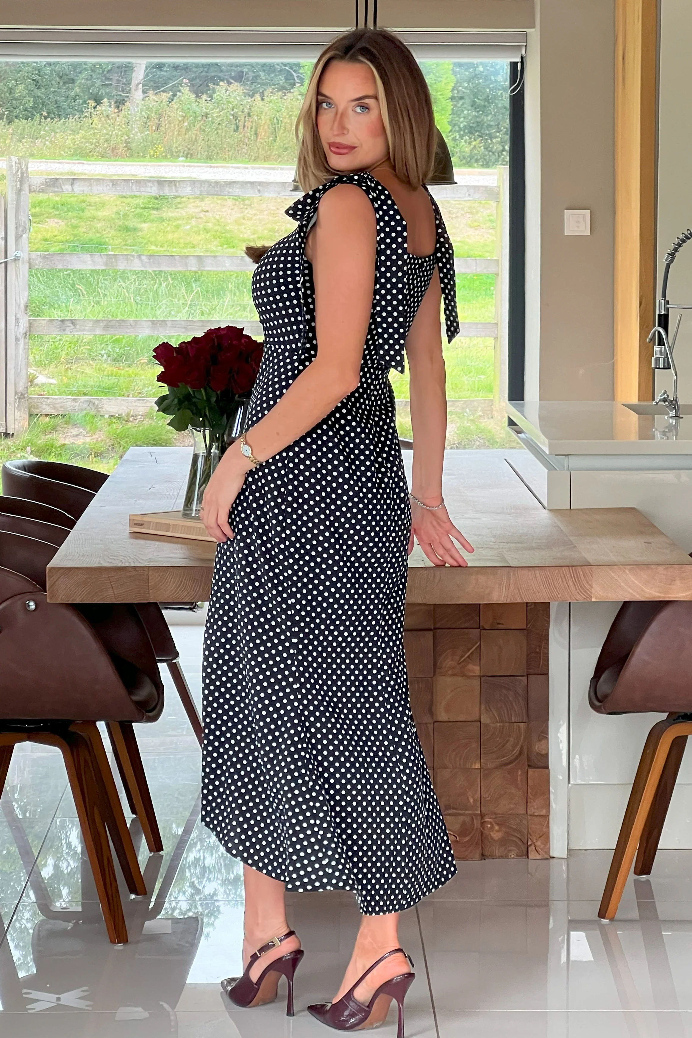 Jovi Tie Shoulder Square Neck Midi Dress Black Spot - Image 6