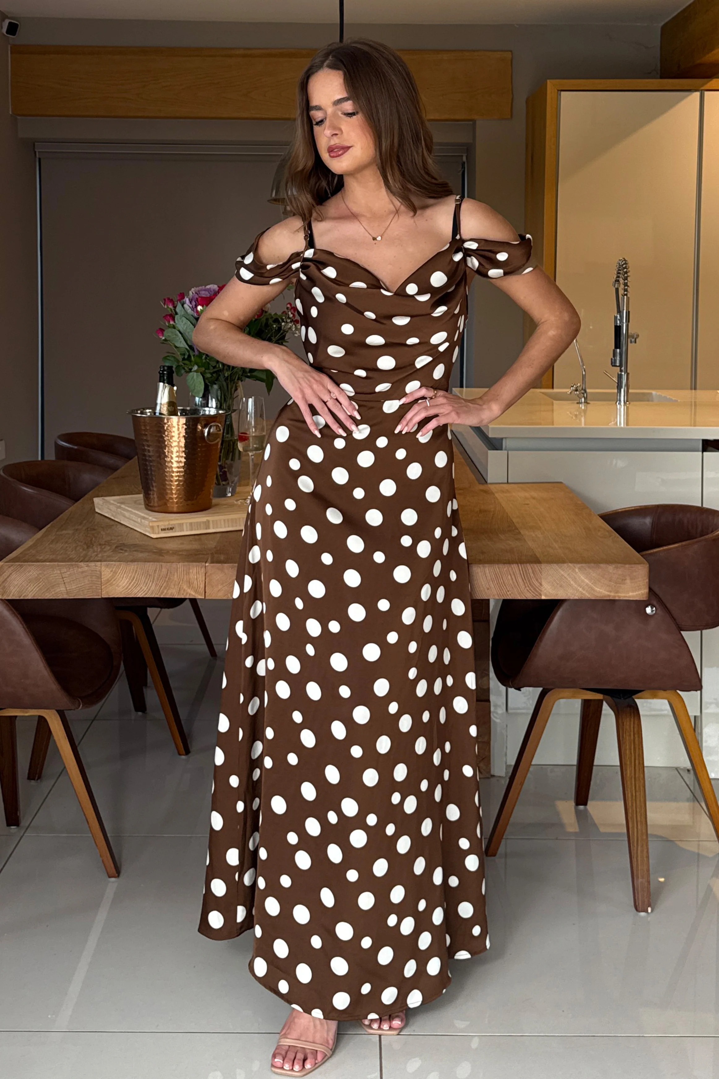 Julie Cowl Neck Maxi Dress Brown Spot - Image 3