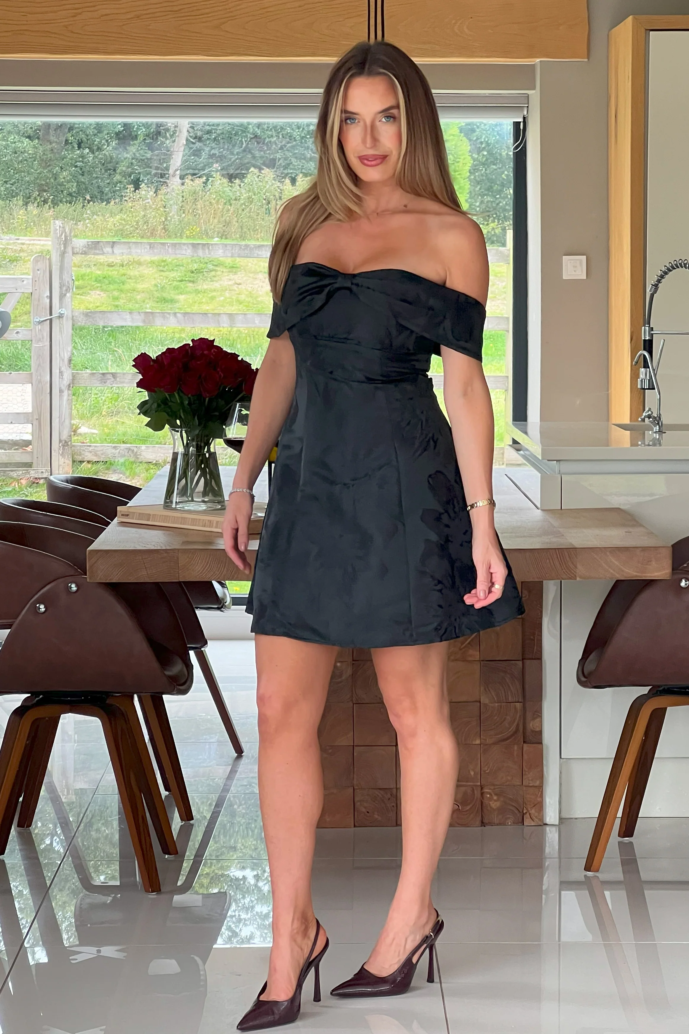 Juliet Bow Detail Off The Shoulder Mini Dress Black - Image 5