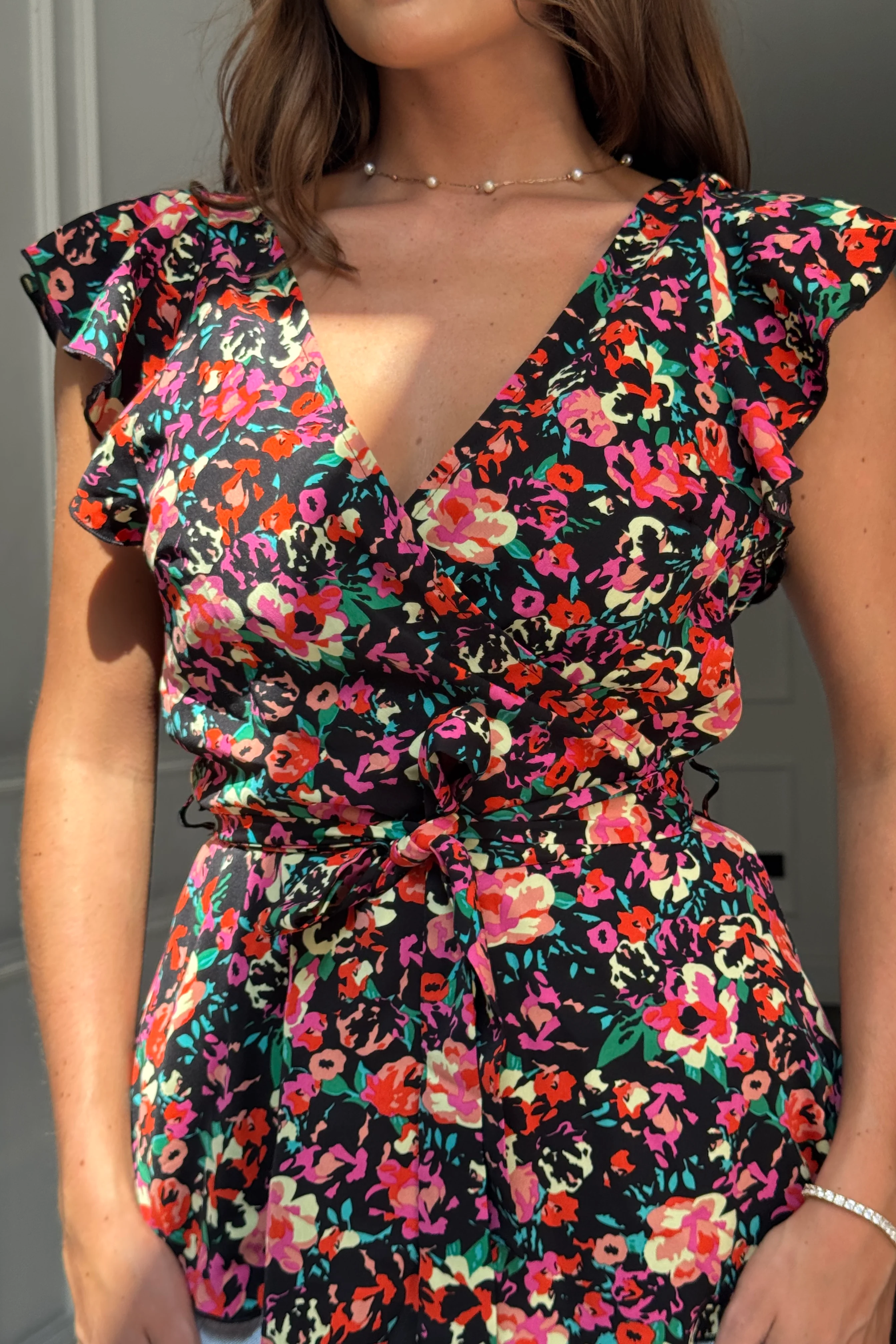 Juniper Black Floral  Frill Detail Wrap Peplum Top - Image 2