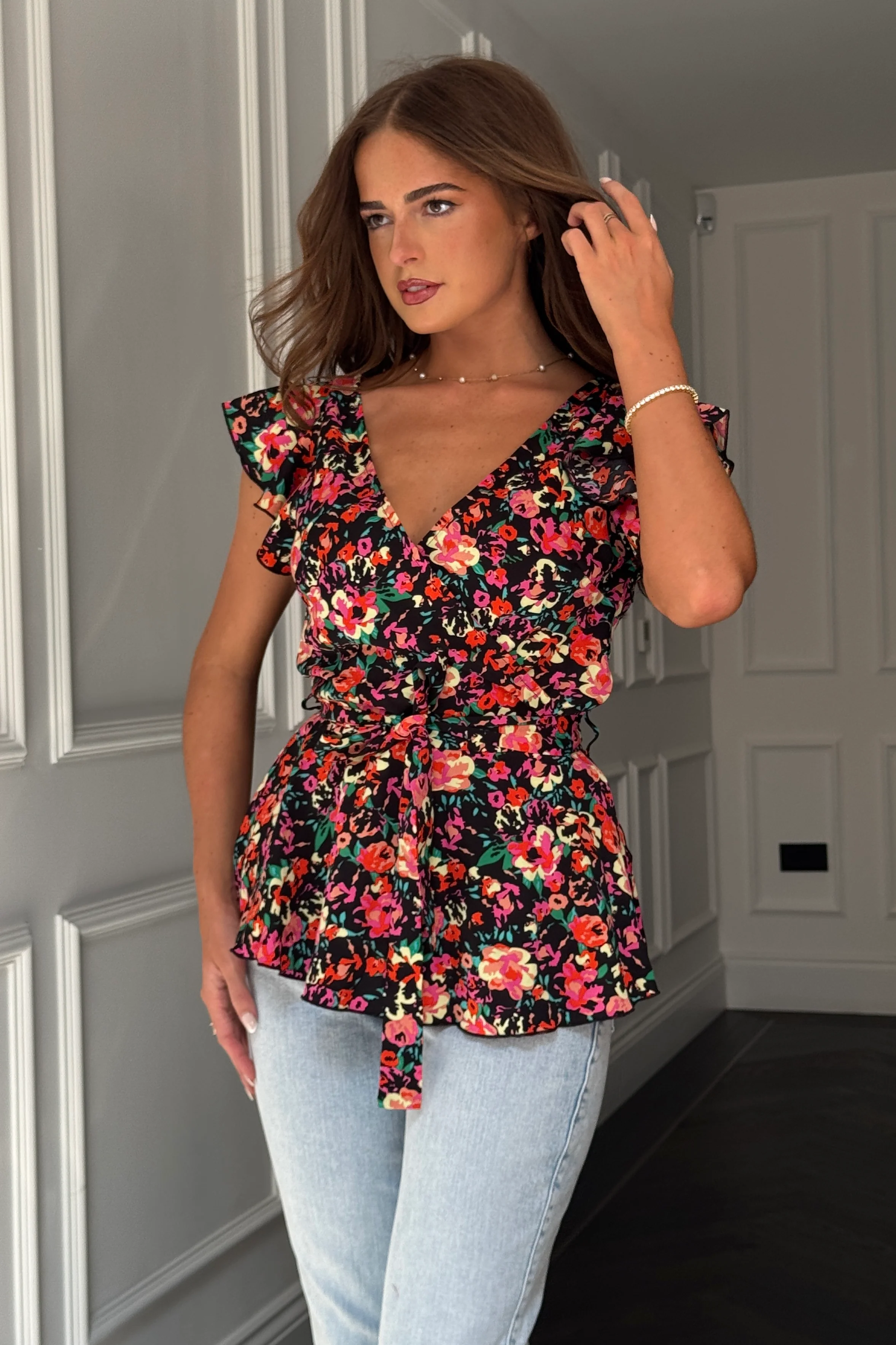 Juniper Black Floral  Frill Detail Wrap Peplum Top - Image 4