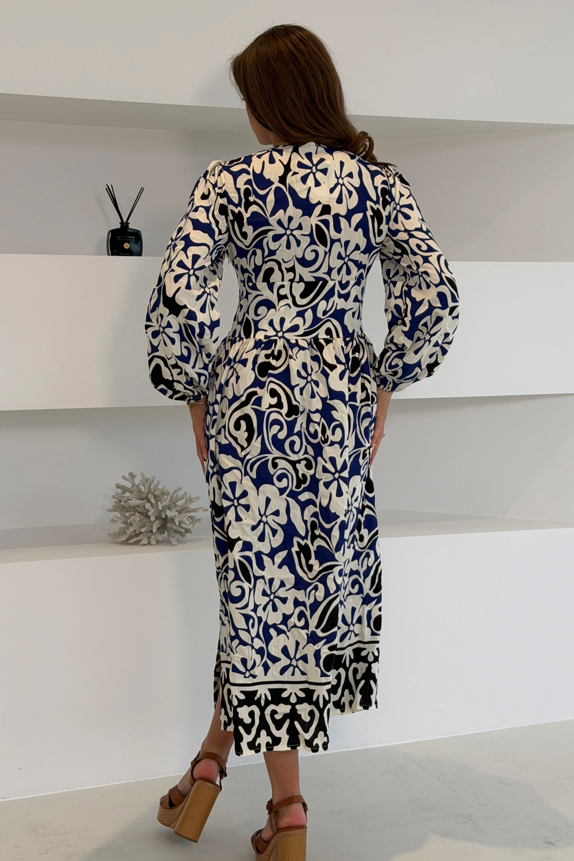 Juno Border Print Long Sleeve Maxi Dress Blue - Image 5