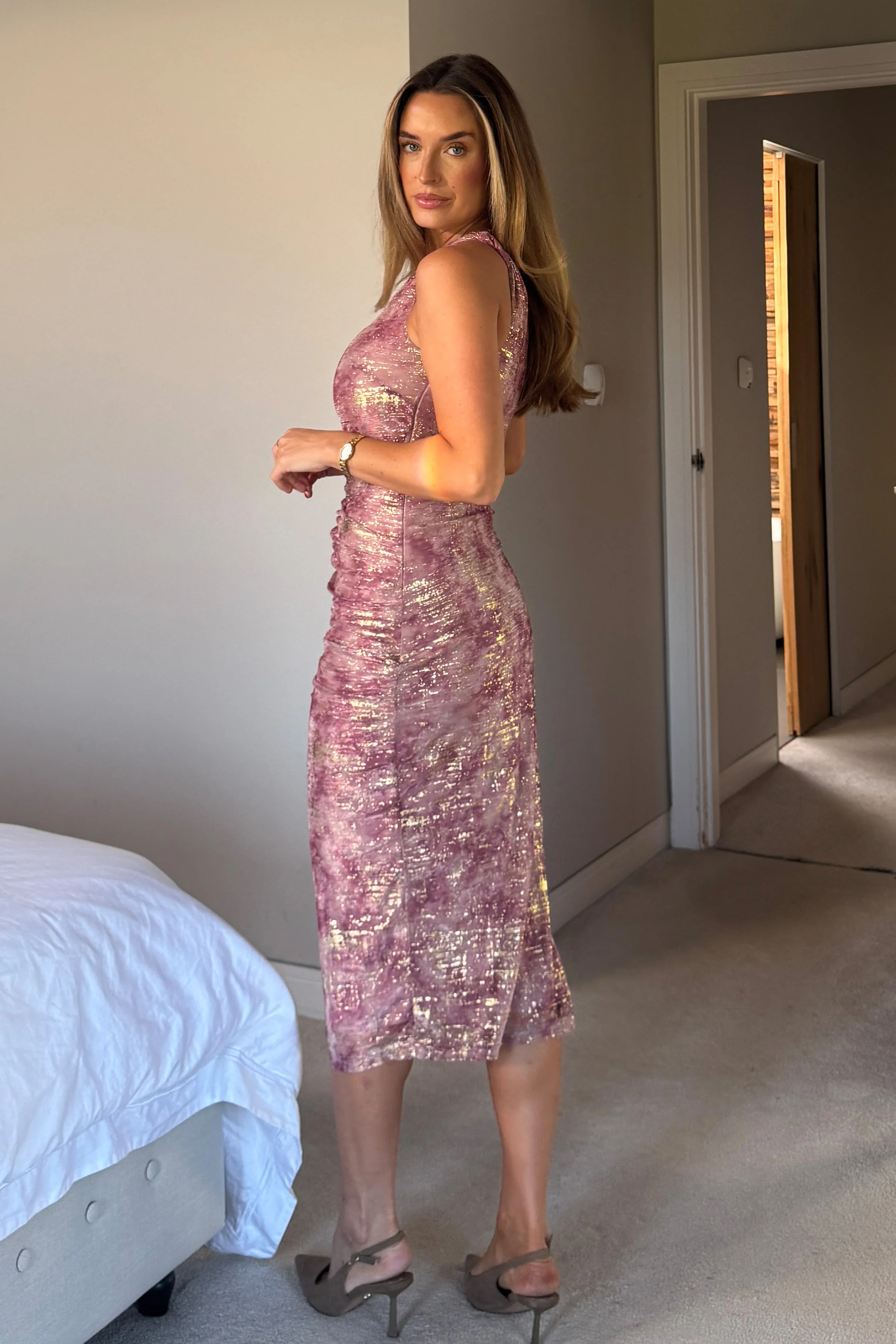 Kally Pink Foil Print One Shoulder Midi Dress - Image 5