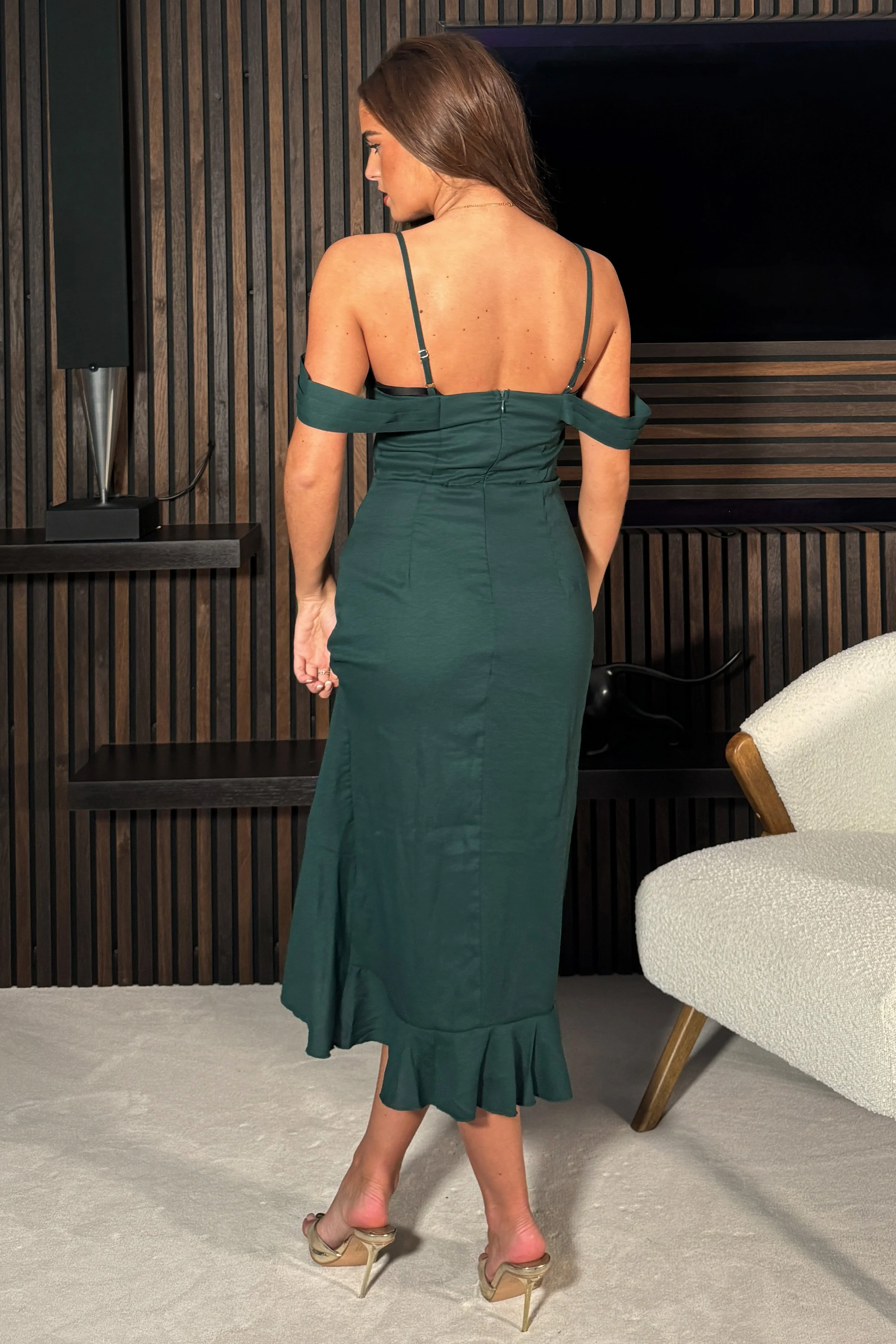 Kamilla Green Asymmetric Off Shoulder Midi Dress - Image 4