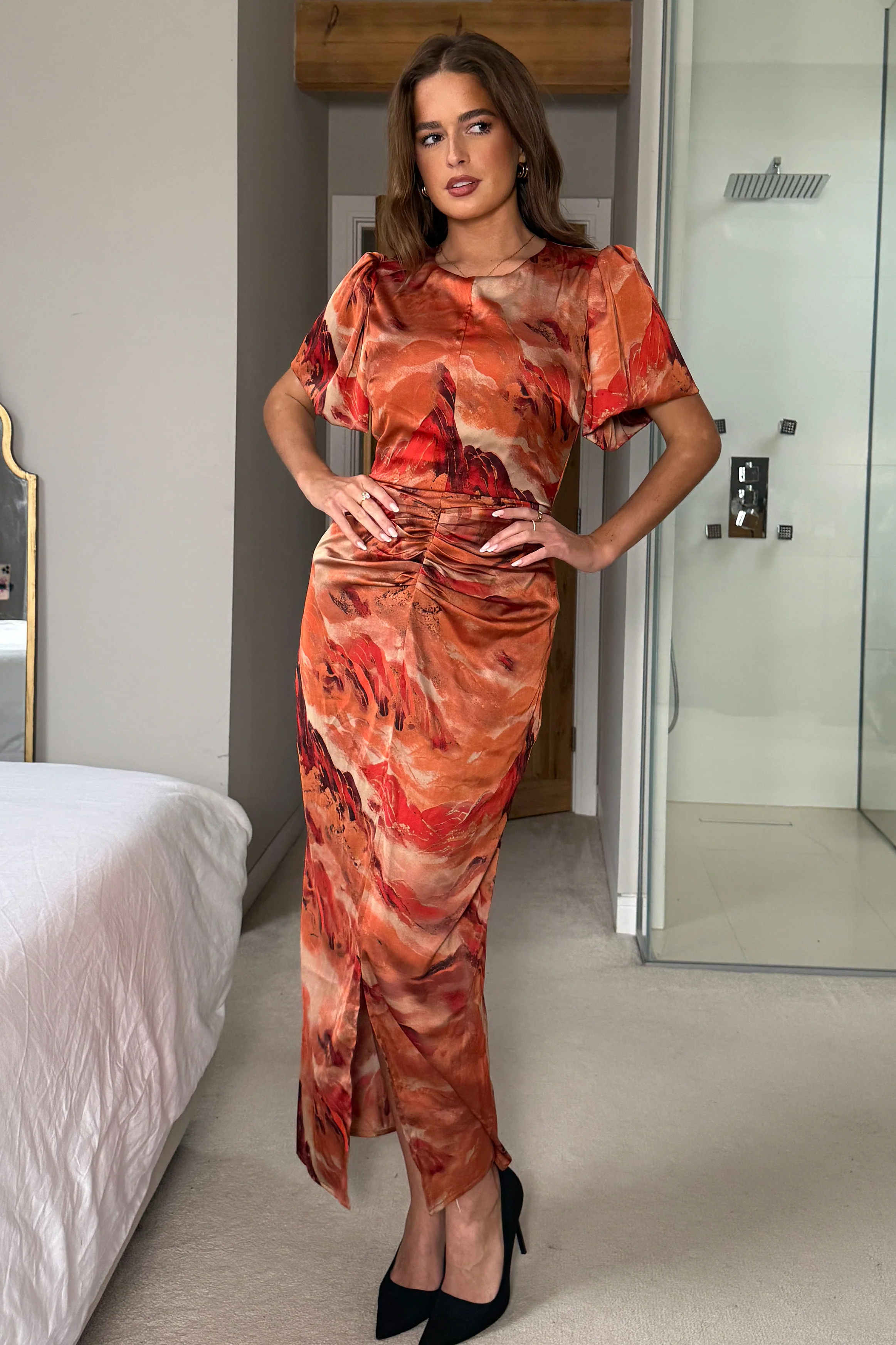 Karen Ruched Satin Print Slit Maxi Dress - Image 3