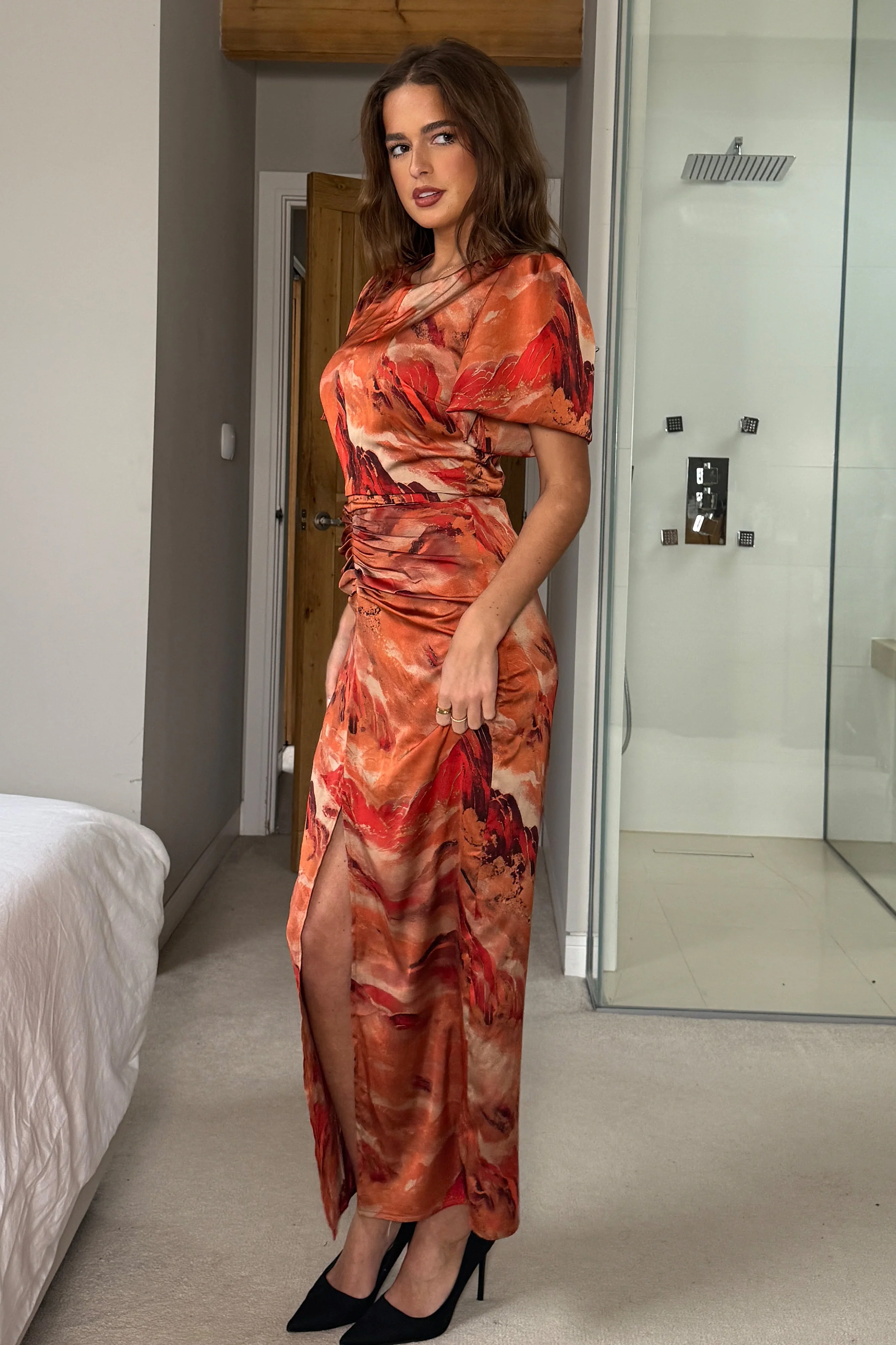 Karen Ruched Satin Print Slit Maxi Dress - Image 4