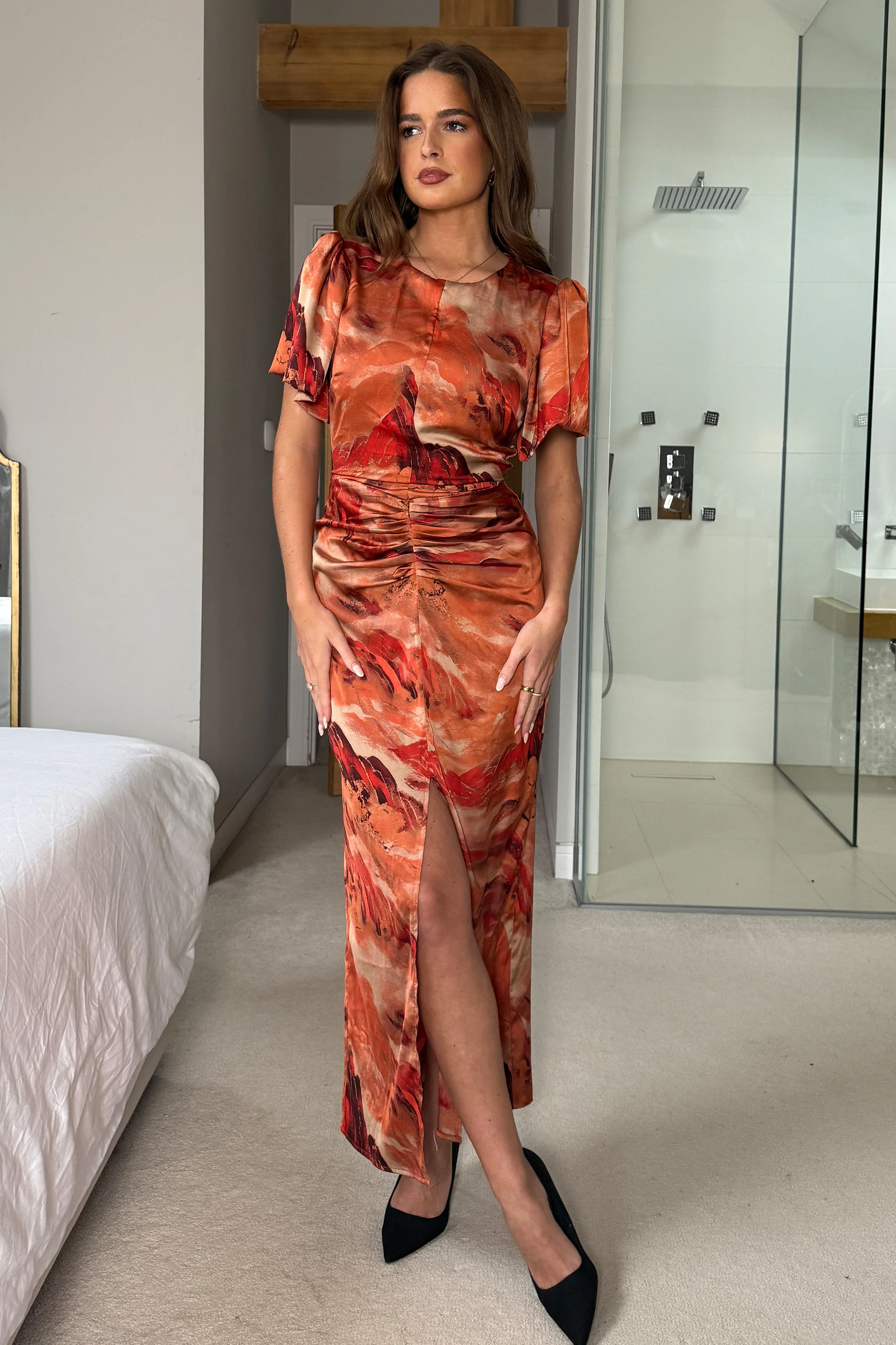 Karen Ruched Satin Print Slit Maxi Dress - Image 5