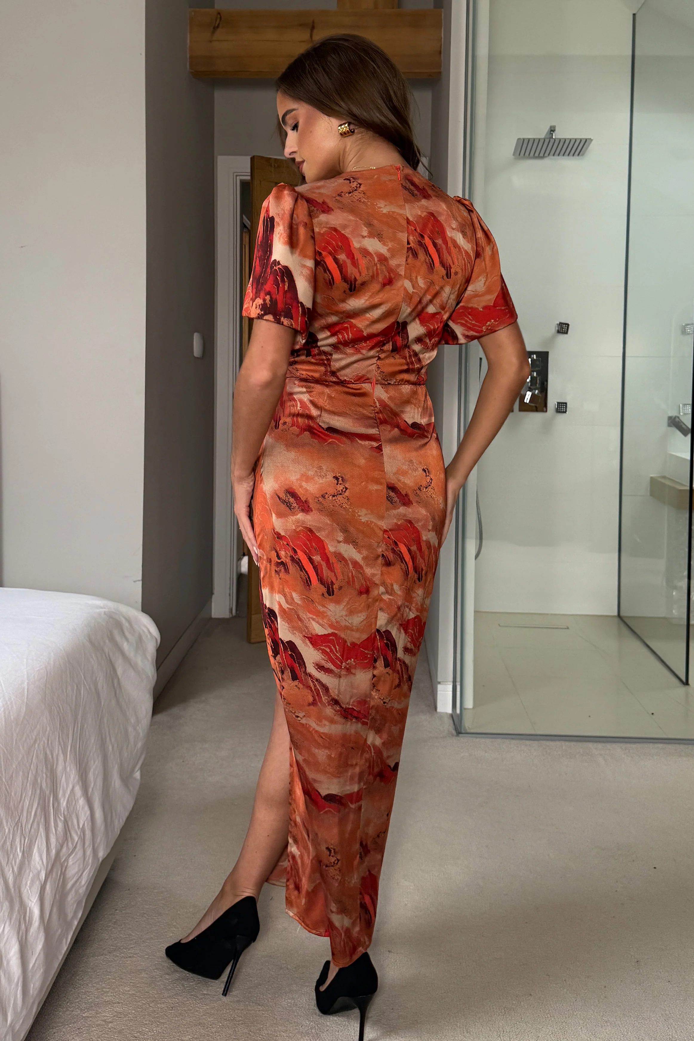 Karen Ruched Satin Print Slit Maxi Dress - Image 6