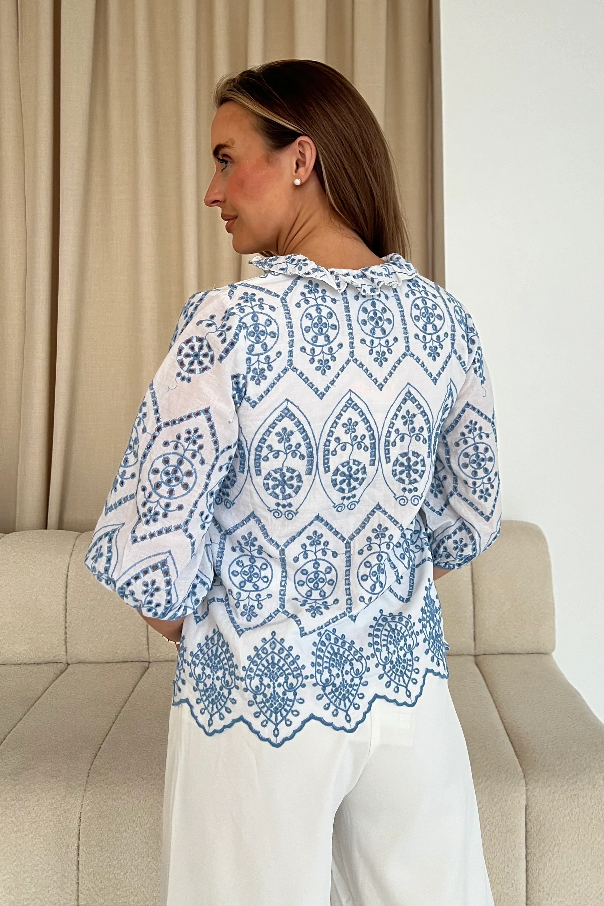 Kate Two Tone Cotton Broidery V Neck Blouse - Image 5