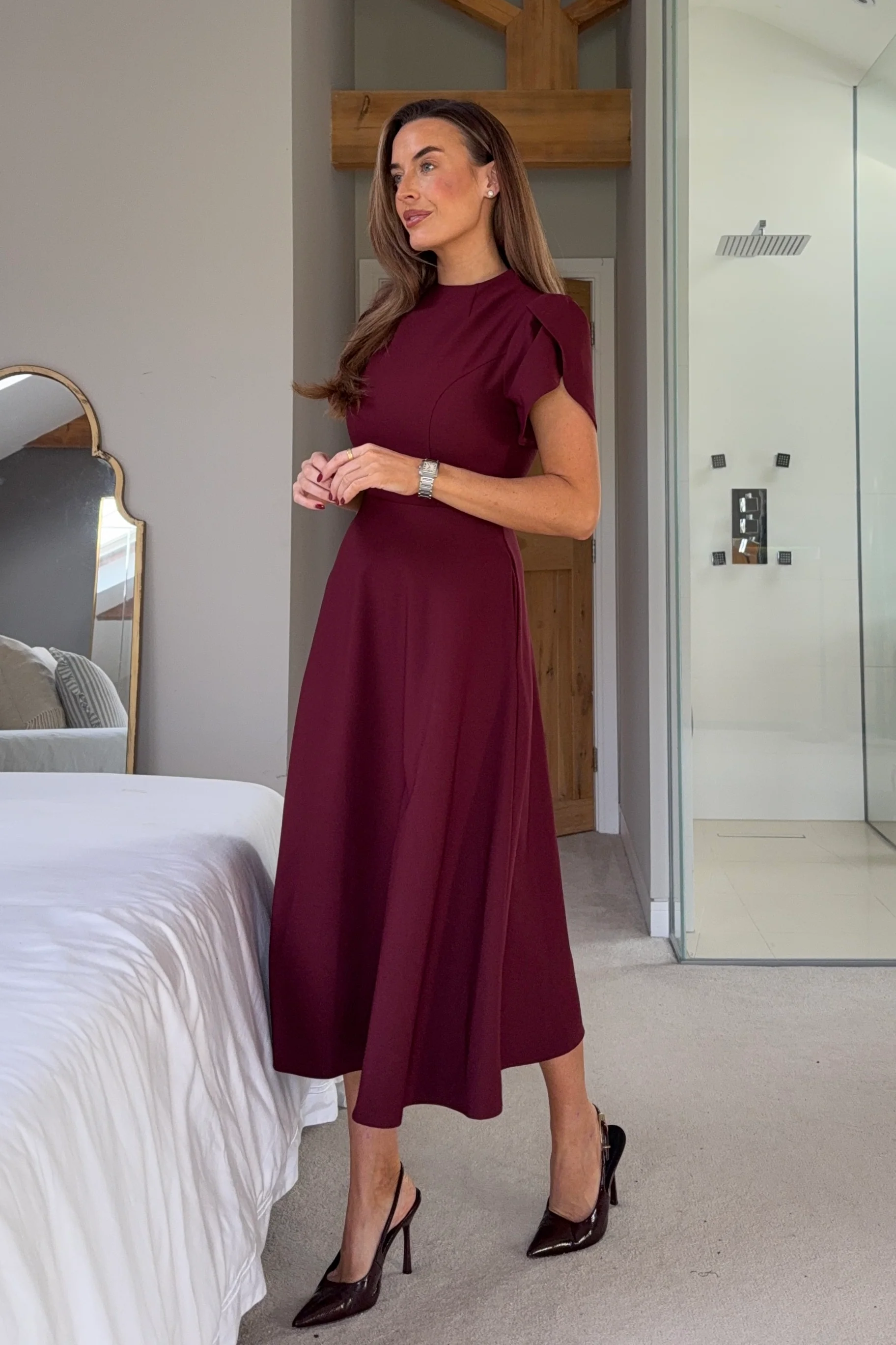 Katisha Tulip Sleeve High Neck Midi Dress Berry - Image 3