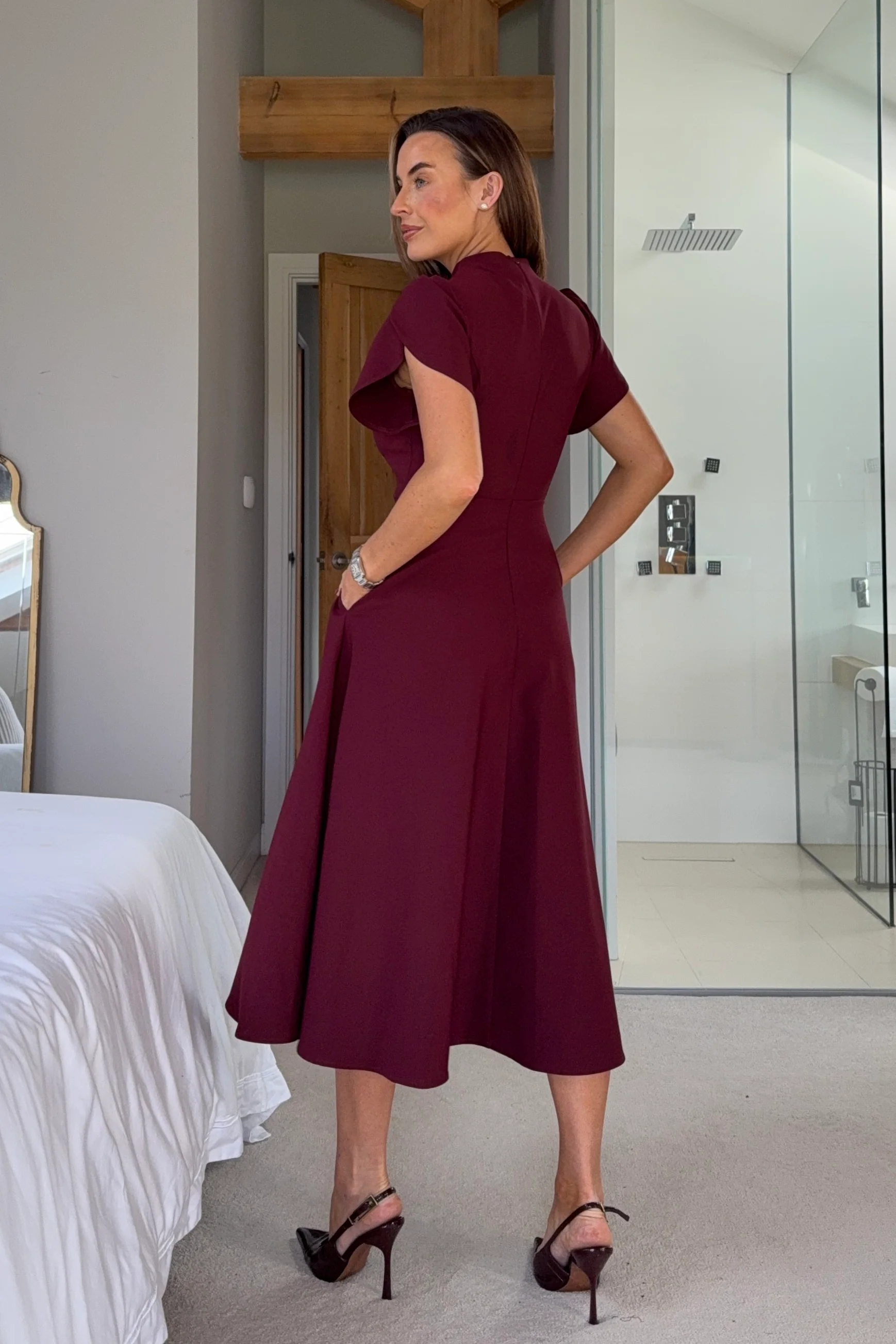 Katisha Tulip Sleeve High Neck Midi Dress Berry - Image 4