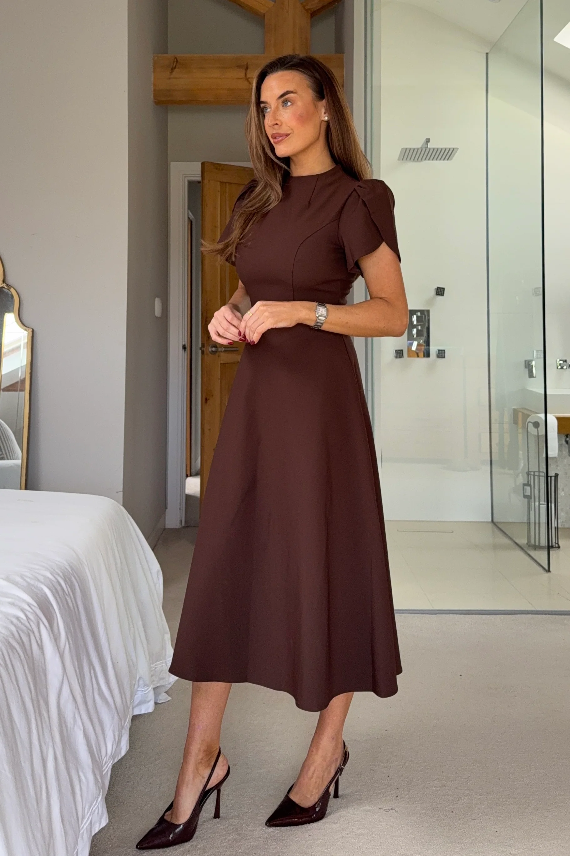Katisha Tulip Sleeve High Neck Midi Dress Brown - Image 4